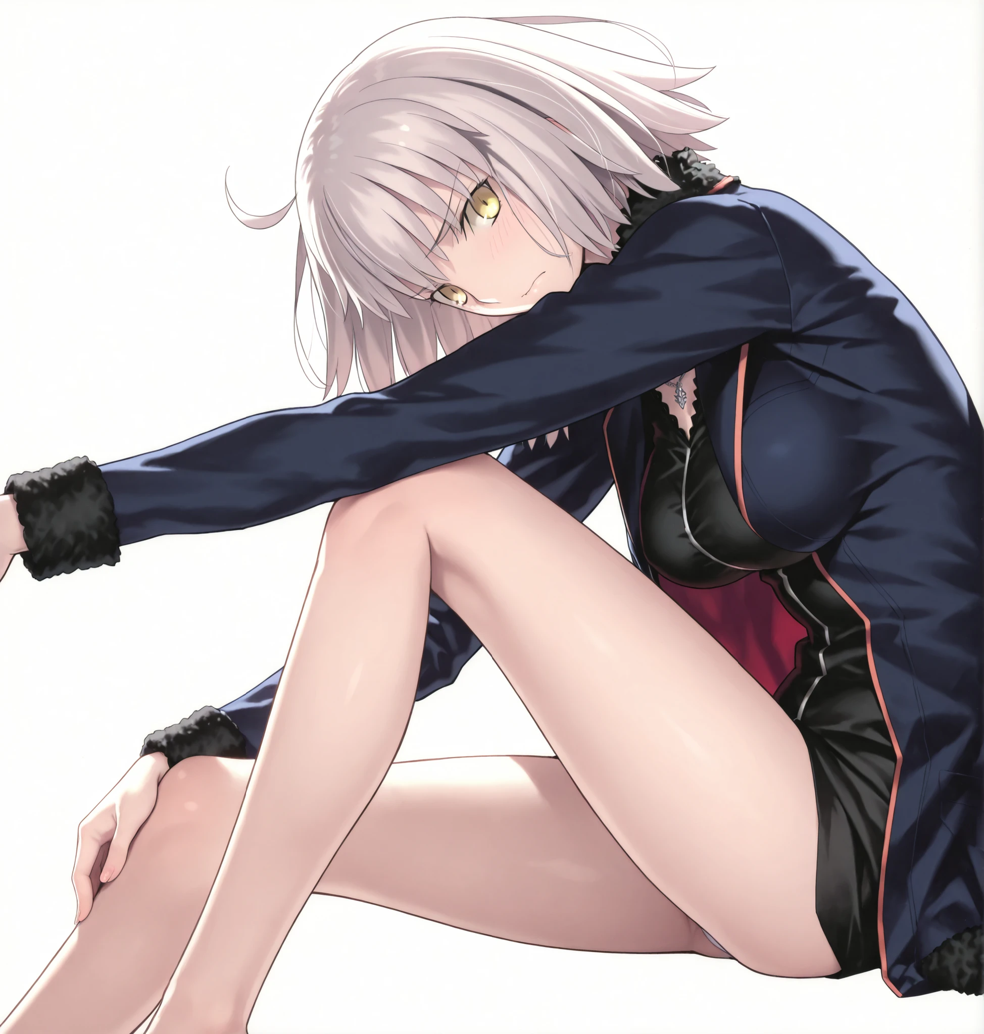 masterpiece, , absurdres, highres, detailed background, high resolution, masterpiece, necessary, detail, best quality, quality, necessary, details, High details, Precise, 8k, ,(white background, simple background), , from side, upper body ,
1girl, , (type-moon) style, ,Takeuchi Takashi style, (aged up), long legs, , (one knee up), panties slip , bent over, head tilt (),
very tall girl, girl, slim arms ,Jeanne d'arc alter shinjuku , short hair ,yellow eyes, light gray hair, ,jacket, ,(one_knee,hand_on_own_knee),looking_at_viewer, medium breasts , light embarrassed,,