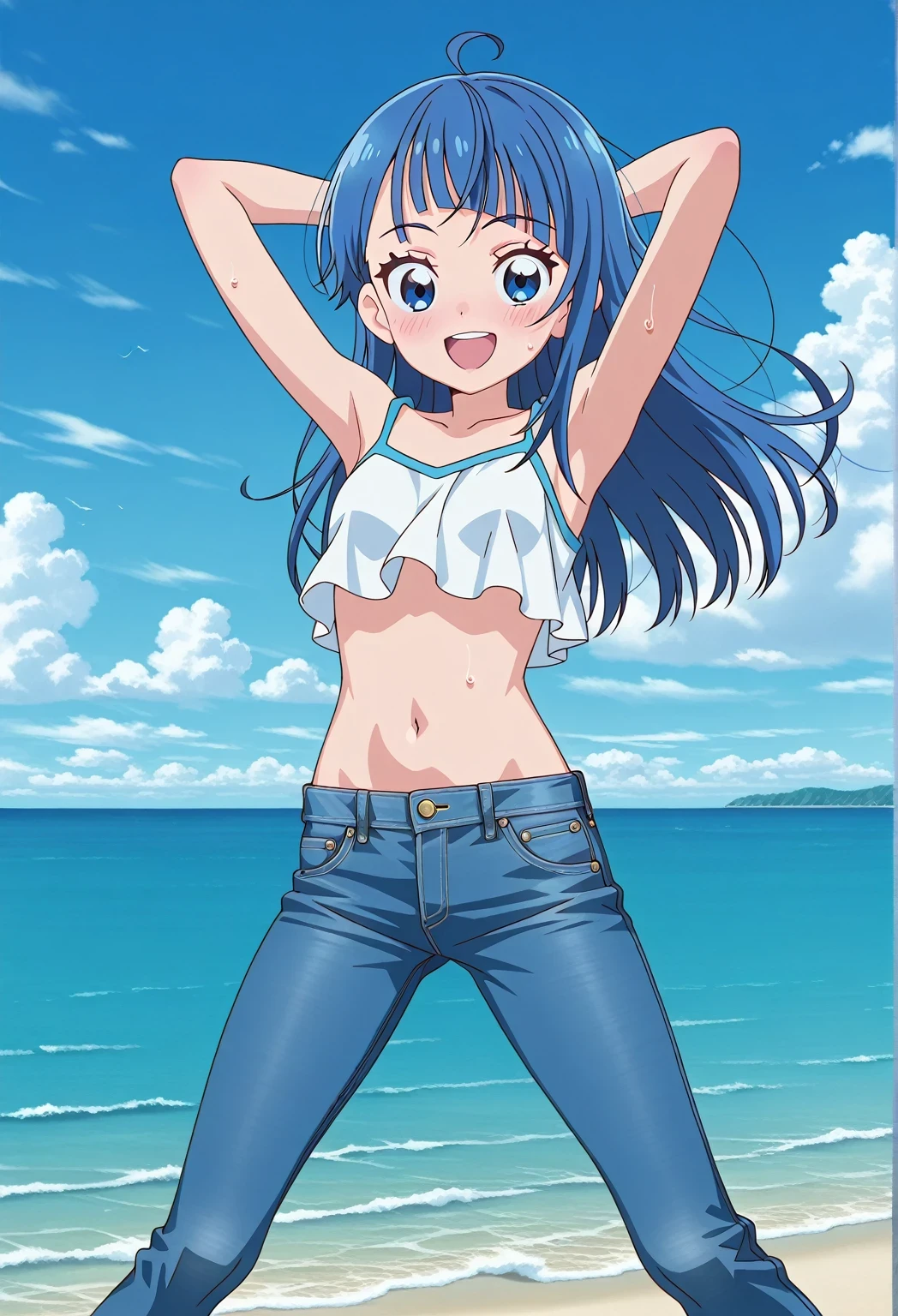 score_9, score_8_up, score_7_up, source_anime, highres, hi res, ((best quality, top quality, perfect quality, Highest Quality, amazing quality)), {{masterpiece}}, {{an extremely delicate and beautiful}}, 2d, intricate details, official style, anime, 8k, anime style, official_anime, official art, digital painting, cell shading, soft shading, high resolution, soothing tones, Subdued Color, Soft cinematic light, adobe lightroom, photolab, HDR, intricately and hyper-detailed, ((high quality animation)), 1 girl, Alone, solo, ((ocean)), tsunami, on the water, day, sunny, outdoors, sky, windy, sora harewataru, Hirogaru Sky! Precure, blue eyes, blue hair, ((long hair:1.4)), ahoge, anime screencap, small breasts, white camisole top, crop top, white crop top, best quality, hyper-detailed jeans, ((blue jeans:1.9)), (dark blue jeans:0.6), full medium body, medium shot, Open mouth, smiling, happy face, blush, sweat, standing, ((arms behind head:6.0)), ((hair separate from arms:3.5)), bowlegged, jumping pose, action, looking at viewer, spread legs, Bend knees slightly, straight-on front view