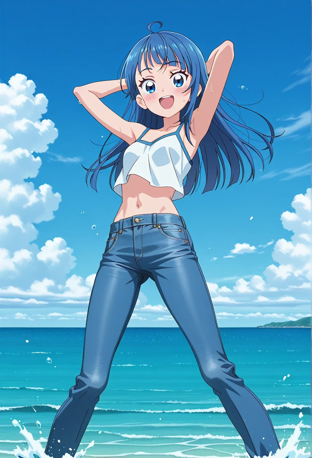 score_9, score_8_up, score_7_up, source_anime, highres, hi res, ((best quality, top quality, perfect quality, Highest Quality, amazing quality)), {{masterpiece}}, {{an extremely delicate and beautiful}}, 2d, intricate details, official style, anime, 8k, anime style, official_anime, official art, digital painting, cell shading, soft shading, high resolution, soothing tones, Subdued Color, Soft cinematic light, adobe lightroom, photolab, HDR, intricately and hyper-detailed, ((high quality animation)), 1 girl, Alone, solo, ((ocean)), tsunami, on the water, day, sunny, outdoors, sky, windy, sora harewataru, Hirogaru Sky! Precure, blue eyes, blue hair, ((long hair:1.4)), ahoge, anime screencap, small breasts, white camisole top, crop top, white crop top, best quality, hyper-detailed jeans, ((blue jeans:1.9)), (dark blue jeans:0.6), full medium body, medium shot, Open mouth, smiling, happy face, blush, sweat, standing, ((arms behind head:6.0)), ((hair separate from arms:3.5)), bowlegged, jumping pose, action, looking at viewer, spread legs, Bend knees slightly, straight-on front view