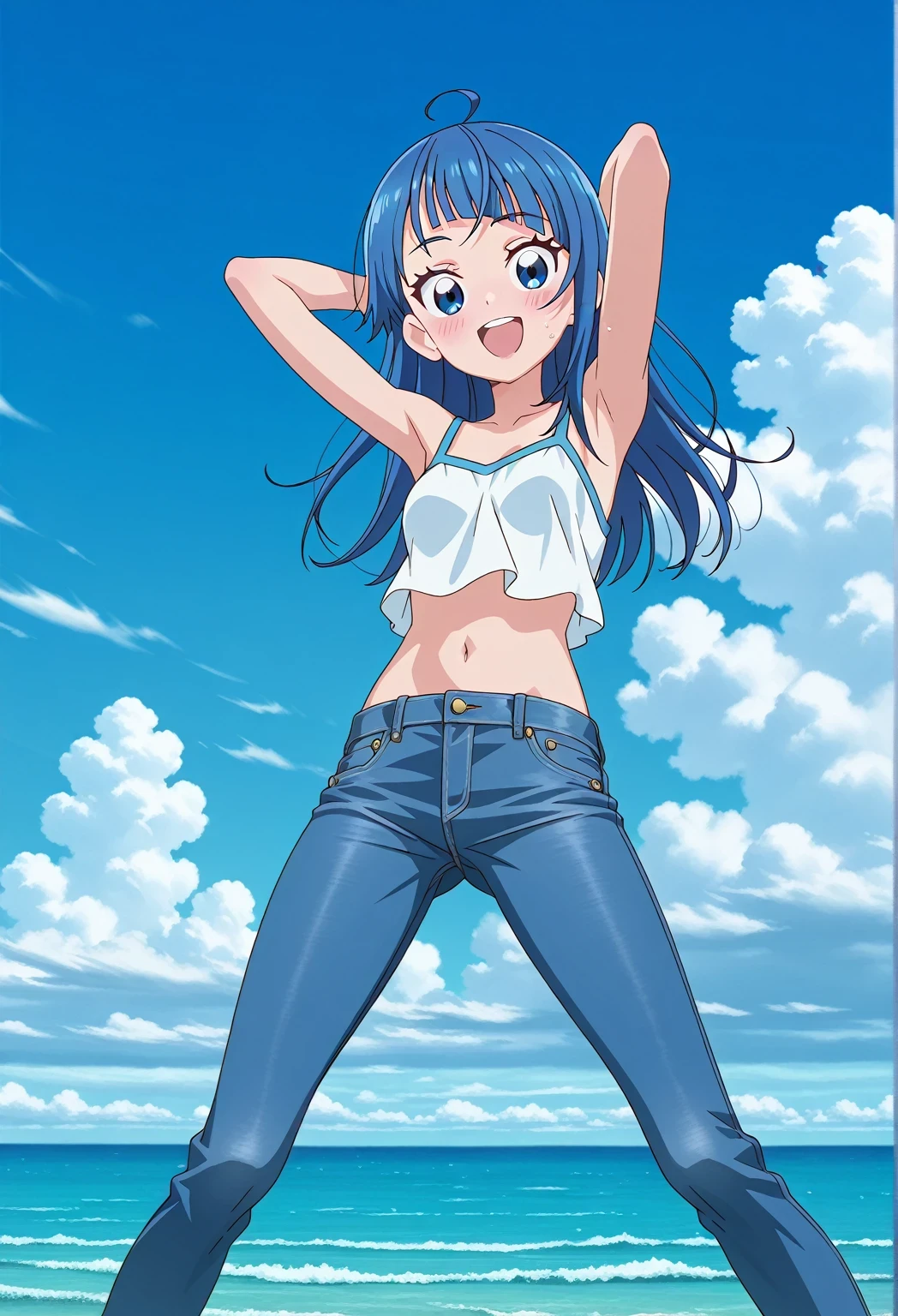 score_9, score_8_up, score_7_up, source_anime, highres, hi res, ((best quality, top quality, perfect quality, Highest Quality, amazing quality)), {{masterpiece}}, {{an extremely delicate and beautiful}}, 2d, intricate details, official style, anime, 8k, anime style, official_anime, official art, digital painting, cell shading, soft shading, high resolution, soothing tones, Subdued Color, Soft cinematic light, adobe lightroom, photolab, HDR, intricately and hyper-detailed, ((high quality animation)), 1 girl, Alone, solo, ((ocean)), tsunami, on the water, day, sunny, outdoors, sky, windy, sora harewataru, Hirogaru Sky! Precure, blue eyes, blue hair, ((long hair:1.4)), ahoge, anime screencap, small breasts, white camisole top, crop top, white crop top, best quality, hyper-detailed jeans, ((blue jeans:1.9)), (dark blue jeans:0.6), full medium body, medium shot, Open mouth, smiling, happy face, blush, sweat, standing, ((arms behind head:6.0)), ((hair separate from arms:3.5)), bowlegged, jumping pose, action, looking at viewer, spread legs, Bend knees slightly, straight-on front view