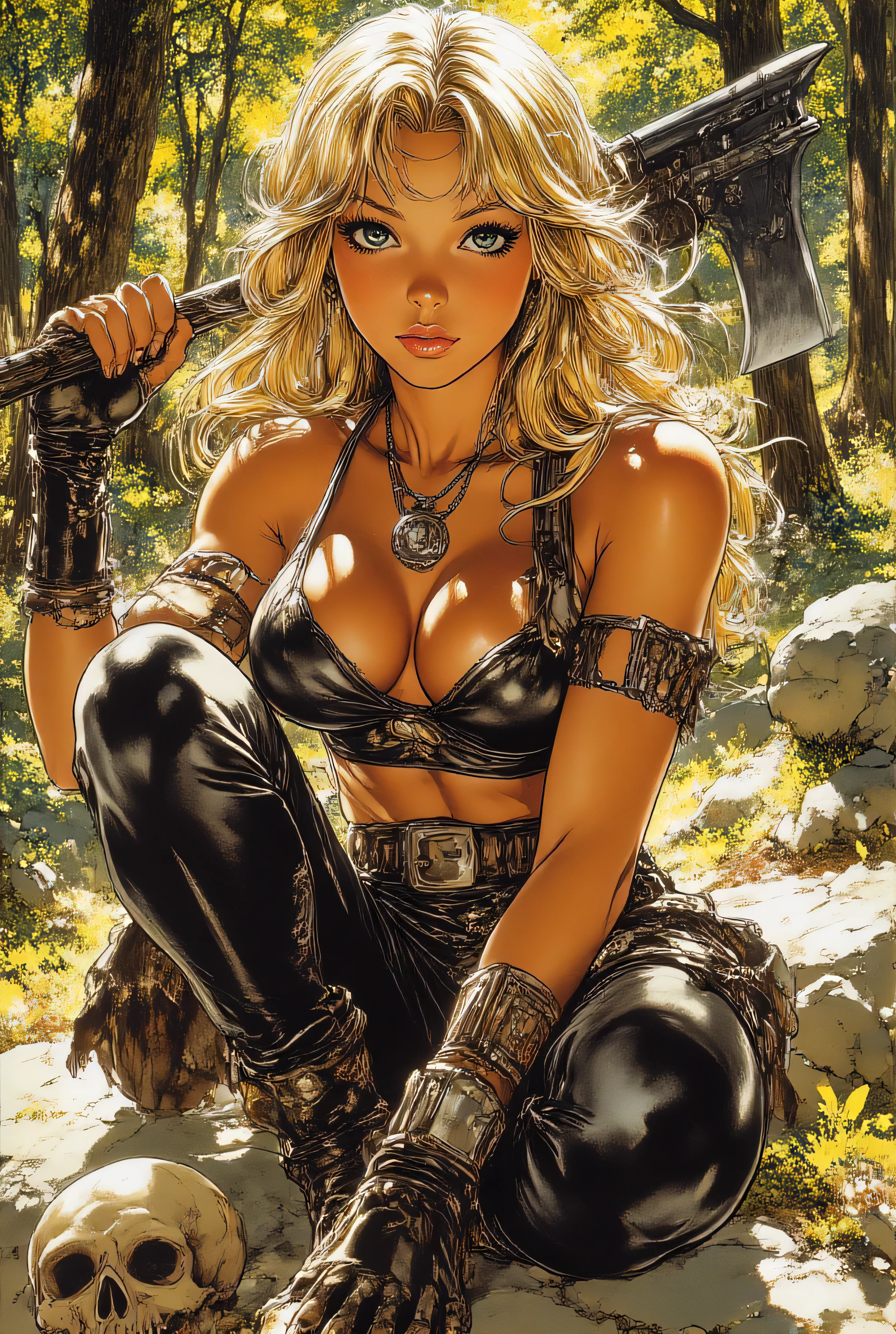 Soggetto
an extremely attractive female barbarian
(long blonde hair, piercing gaze, full lips)
wearing a black leather fantasy outfit, cleavage
holding a large battle axe over her shoulder
muscular legs, toned body
sitting on rocks
(looking at viewer)
full body shot
Background
surrounded by a lush forest, trees, dense foliage
skull on the ground
Stile
fantasy art, digital painting
art by Frank Frazetta and Boris Vallejo
(highly realistic, photo-realistic)
smooth, sharp focus
Luci
high contrast
dramatic lighting, volumetric lighting
Qualità
masterpiece, best quality, ultra detailed
intricate details