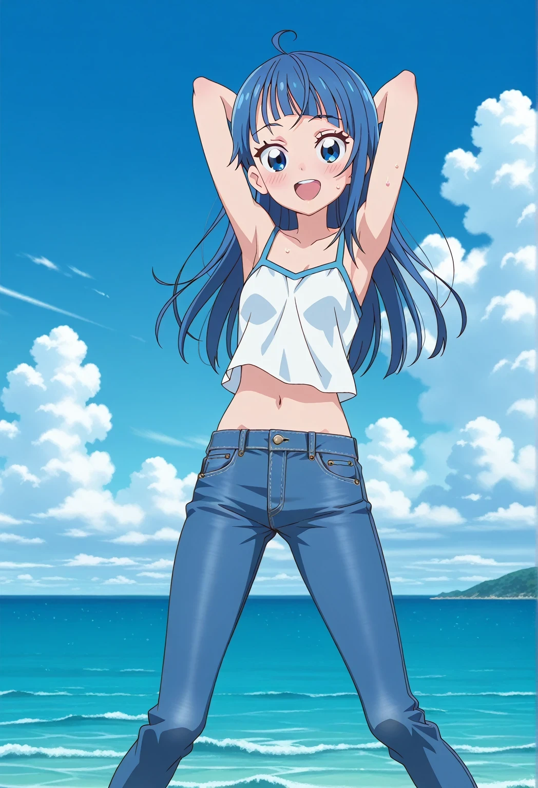 score_9, score_8_up, score_7_up, source_anime, highres, hi res, ((best quality, top quality, perfect quality, Highest Quality, amazing quality)), {{masterpiece}}, {{an extremely delicate and beautiful}}, 2d, intricate details, official style, anime, 8k, anime style, official_anime, official art, digital painting, cell shading, soft shading, high resolution, soothing tones, Subdued Color, Soft cinematic light, adobe lightroom, photolab, HDR, intricately and hyper-detailed, ((high quality animation)), 1 girl, Alone, solo, ((ocean)), tsunami, on the water, day, sunny, outdoors, sky, windy, sora harewataru, Hirogaru Sky! Precure, blue eyes, blue hair, ((long hair:1.4)), ahoge, anime screencap, small breasts, white camisole top, crop top, white crop top, best quality, hyper-detailed jeans, ((blue jeans:1.9)), (dark blue jeans:0.6), full medium body, medium shot, Open mouth, smiling, happy face, blush, sweat, standing, ((arms behind head:6.0)), ((hair separate from arms:3.5)), bowlegged, jumping pose, action, looking at viewer, spread legs, Bend knees slightly, straight-on front view