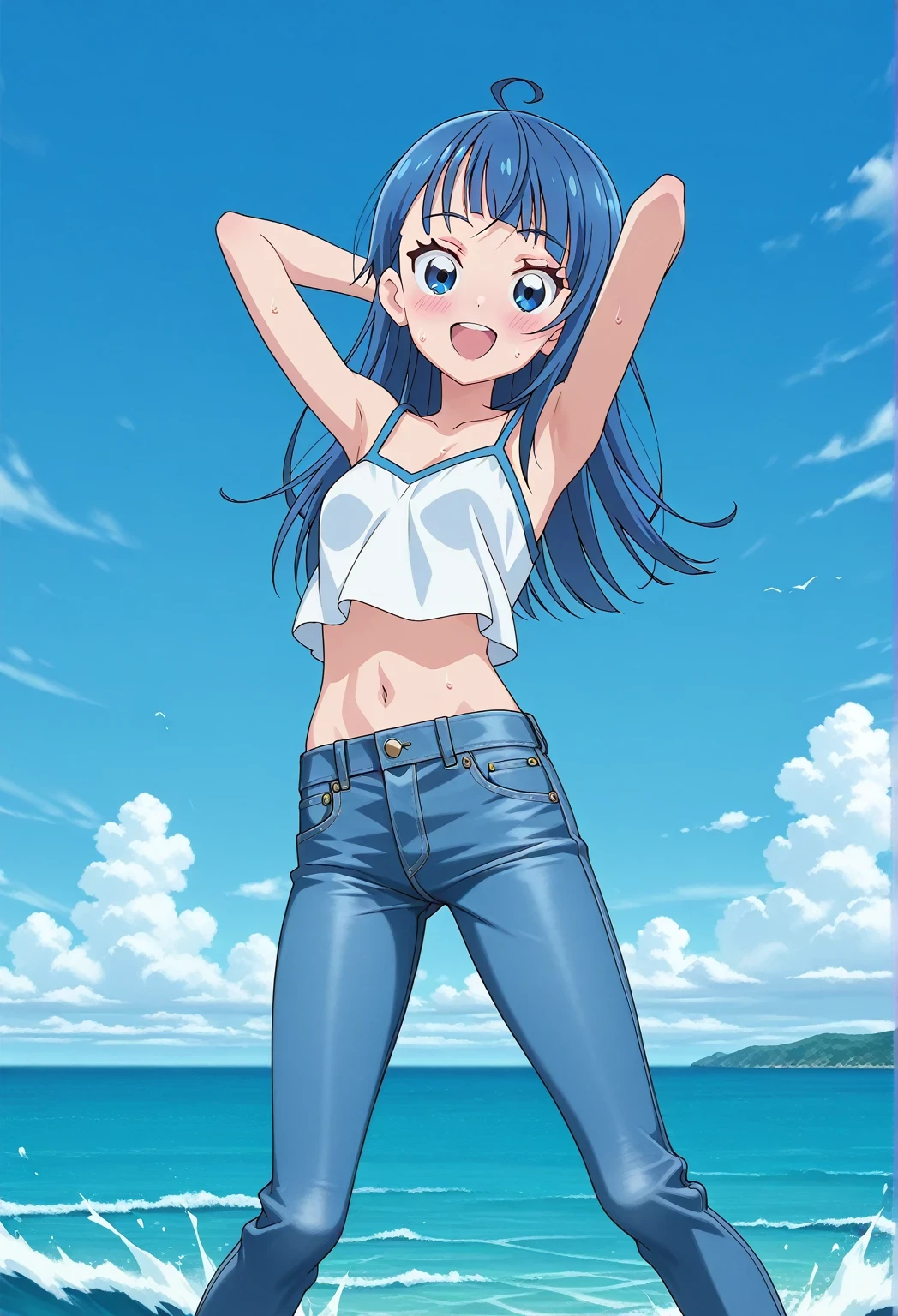 score_9, score_8_up, score_7_up, source_anime, highres, hi res, ((best quality, top quality, perfect quality, Highest Quality, amazing quality)), {{masterpiece}}, {{an extremely delicate and beautiful}}, 2d, intricate details, official style, anime, 8k, anime style, official_anime, official art, digital painting, cell shading, soft shading, high resolution, soothing tones, Subdued Color, Soft cinematic light, adobe lightroom, photolab, HDR, intricately and hyper-detailed, ((high quality animation)), 1 girl, Alone, solo, ((ocean)), tsunami, on the water, day, sunny, outdoors, sky, windy, sora harewataru, Hirogaru Sky! Precure, blue eyes, blue hair, ((long hair:1.4)), ahoge, anime screencap, small breasts, white camisole top, crop top, white crop top, best quality, hyper-detailed jeans, ((blue jeans:1.9)), (dark blue jeans:0.6), full medium body, medium shot, Open mouth, smiling, happy face, blush, sweat, standing, ((arms behind head:6.0)), ((hair separate from arms:3.5)), bowlegged, jumping pose, action, looking at viewer, spread legs, Bend knees slightly, straight-on front view