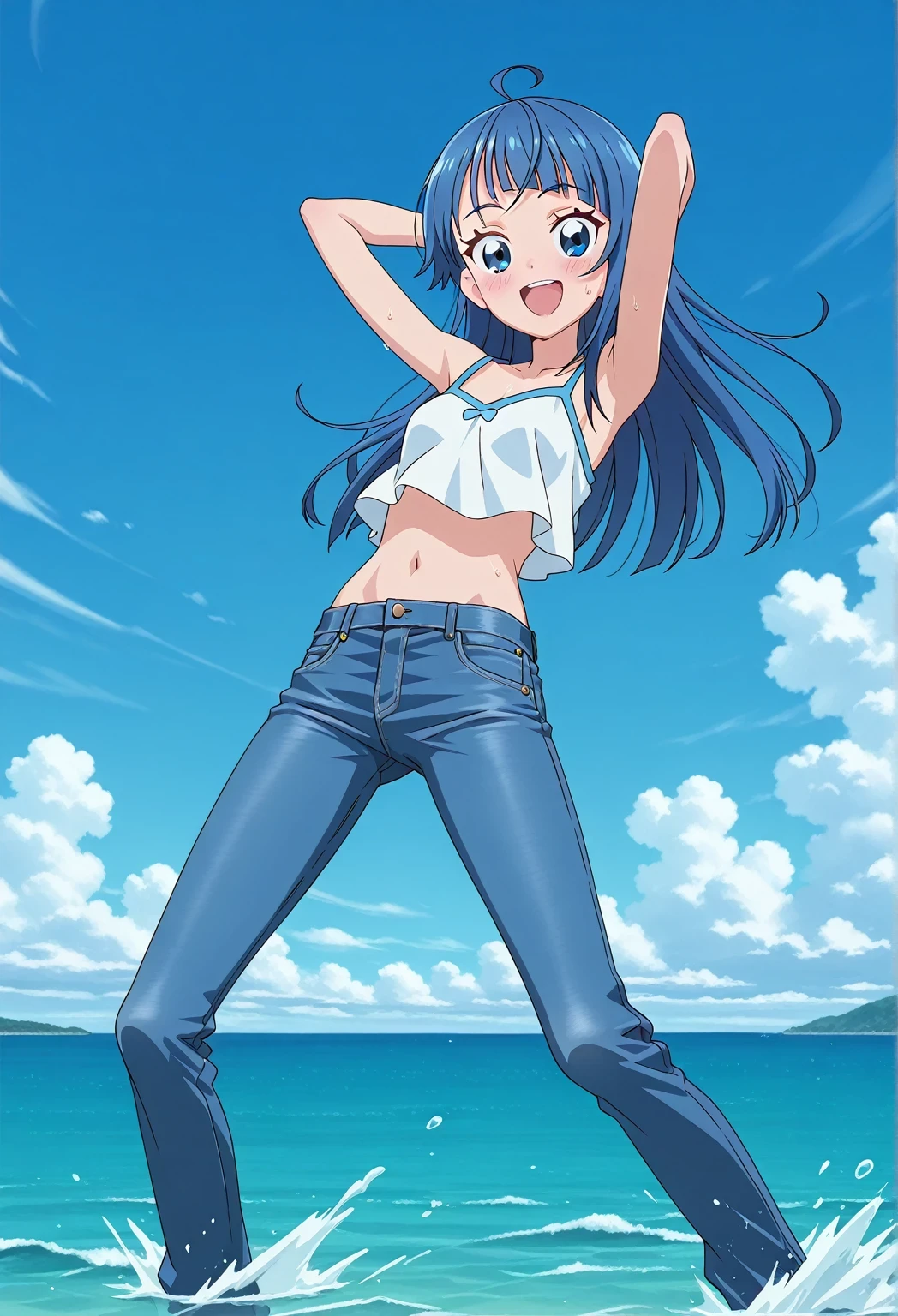 score_9, score_8_up, score_7_up, source_anime, highres, hi res, ((best quality, top quality, perfect quality, Highest Quality, amazing quality)), {{masterpiece}}, {{an extremely delicate and beautiful}}, 2d, intricate details, official style, anime, 8k, anime style, official_anime, official art, digital painting, cell shading, soft shading, high resolution, soothing tones, Subdued Color, Soft cinematic light, adobe lightroom, photolab, HDR, intricately and hyper-detailed, ((high quality animation)), 1 girl, Alone, solo, ((ocean)), tsunami, on the water, day, sunny, outdoors, sky, windy, sora harewataru, Hirogaru Sky! Precure, blue eyes, blue hair, ((long hair:1.4)), ahoge, anime screencap, small breasts, white camisole top, crop top, white crop top, best quality, hyper-detailed jeans, ((blue jeans:1.9)), (dark blue jeans:0.6), full medium body, medium shot, Open mouth, smiling, happy face, blush, sweat, standing, ((arms behind head:6.0)), ((hair separate from arms:3.5)), bowlegged, jumping pose, action, looking at viewer, spread legs, Bend knees slightly, straight-on front view