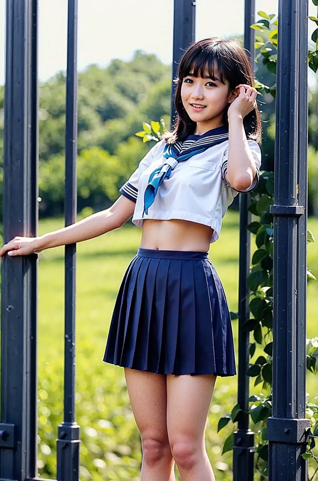 ultra highres,(reality: 1.4),highest quality, masterpiece, high detail, 16K quality, beautiful, 1 beautiful girl,japanese,super beautiful face,baby face,japanese idol face,cute face,super detailed face,detailed hand,beautiful skin,sweaty skin,big eyes,big smile,profeccional lighting,short hair, black hair,brown beautiful eyes, white shirt,bowtie,brown checked skirt,standing,skirt lift,((wind lift:1.3)),(((show off panties))),((white panty)),medium breasts,she is looking at the camera,beach,blue sky, beautiful blue ocean,nsfw,from below,