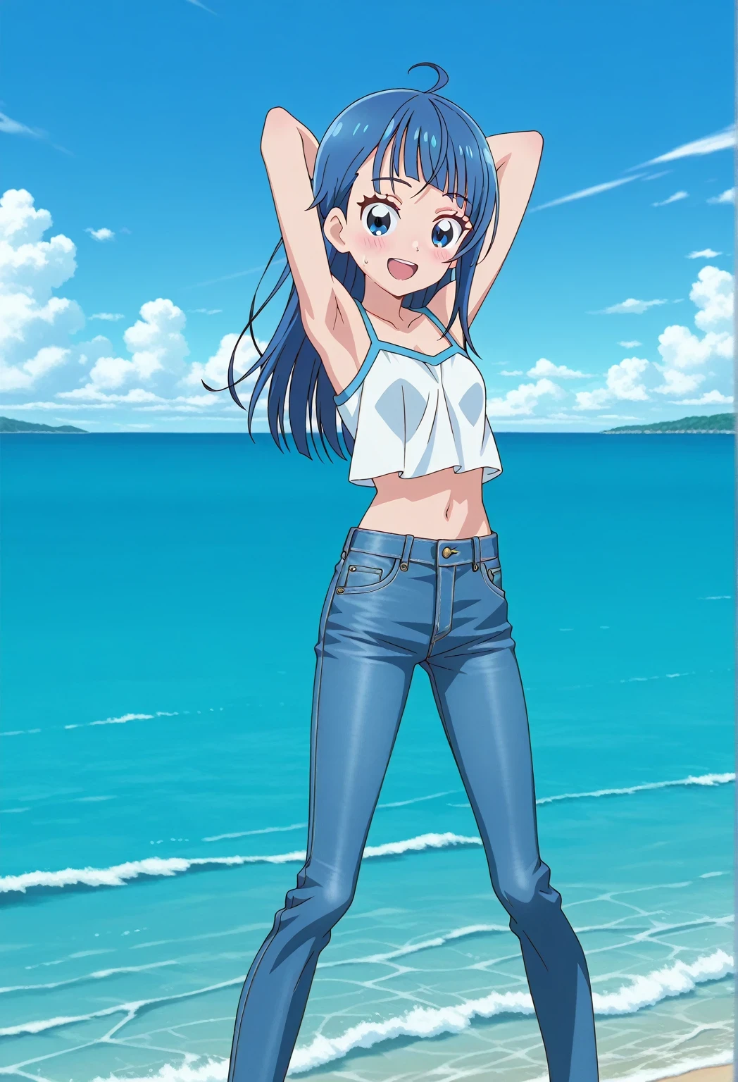 score_9, score_8_up, score_7_up, source_anime, highres, hi res, ((best quality, top quality, perfect quality, Highest Quality, amazing quality)), {{masterpiece}}, {{an extremely delicate and beautiful}}, 2d, intricate details, official style, anime, 8k, anime style, official_anime, official art, digital painting, cell shading, soft shading, high resolution, soothing tones, Subdued Color, Soft cinematic light, adobe lightroom, photolab, HDR, intricately and hyper-detailed, ((high quality animation)), 1 girl, Alone, solo, ((ocean)), tsunami, on the water, day, sunny, outdoors, sky, windy, sora harewataru, Hirogaru Sky! Precure, blue eyes, blue hair, ((long hair:1.4)), ahoge, anime screencap, small breasts, white camisole top, crop top, white crop top, best quality, hyper-detailed jeans, ((blue jeans:1.9)), (dark blue jeans:0.6), full medium body, medium shot, Open mouth, smiling, happy face, blush, sweat, standing, ((arms behind head:6.0)), ((hair separate from arms:3.5)), bowlegged, natural standing pose, action, looking at viewer, spread legs, Bend knees slightly, straight-on front view