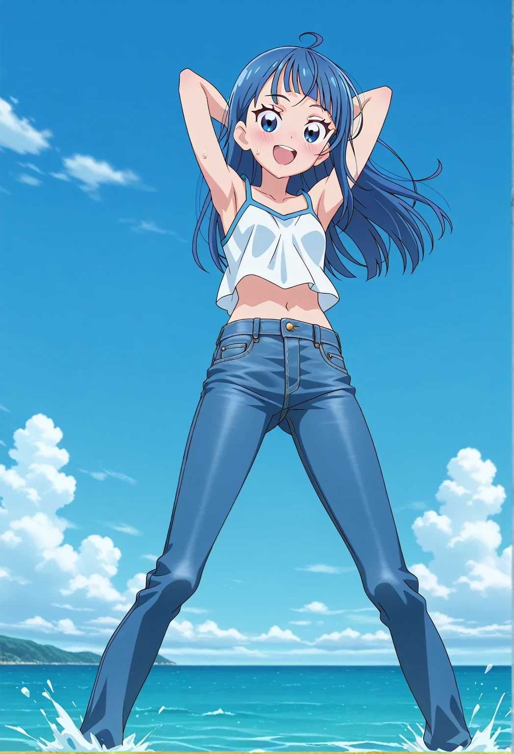 score_9, score_8_up, score_7_up, source_anime, highres, hi res, ((best quality, top quality, perfect quality, Highest Quality, amazing quality)), {{masterpiece}}, {{an extremely delicate and beautiful}}, 2d, intricate details, official style, anime, 8k, anime style, official_anime, official art, digital painting, cell shading, soft shading, high resolution, soothing tones, Subdued Color, Soft cinematic light, adobe lightroom, photolab, HDR, intricately and hyper-detailed, ((high quality animation)), 1 girl, Alone, solo, ((ocean)), tsunami, on the water, day, sunny, outdoors, sky, windy, sora harewataru, Hirogaru Sky! Precure, blue eyes, blue hair, ((long hair:1.4)), ahoge, anime screencap, small breasts, white camisole top, crop top, white crop top, best quality, hyper-detailed jeans, ((blue jeans:1.9)), (dark blue jeans:0.6), full medium body, medium shot, Open mouth, smiling, happy face, blush, sweat, standing, ((arms behind head:6.0)), ((hair separate from arms:3.5)), bowlegged, jumping pose, action, looking at viewer, spread legs, Bend knees slightly, straight-on front view
