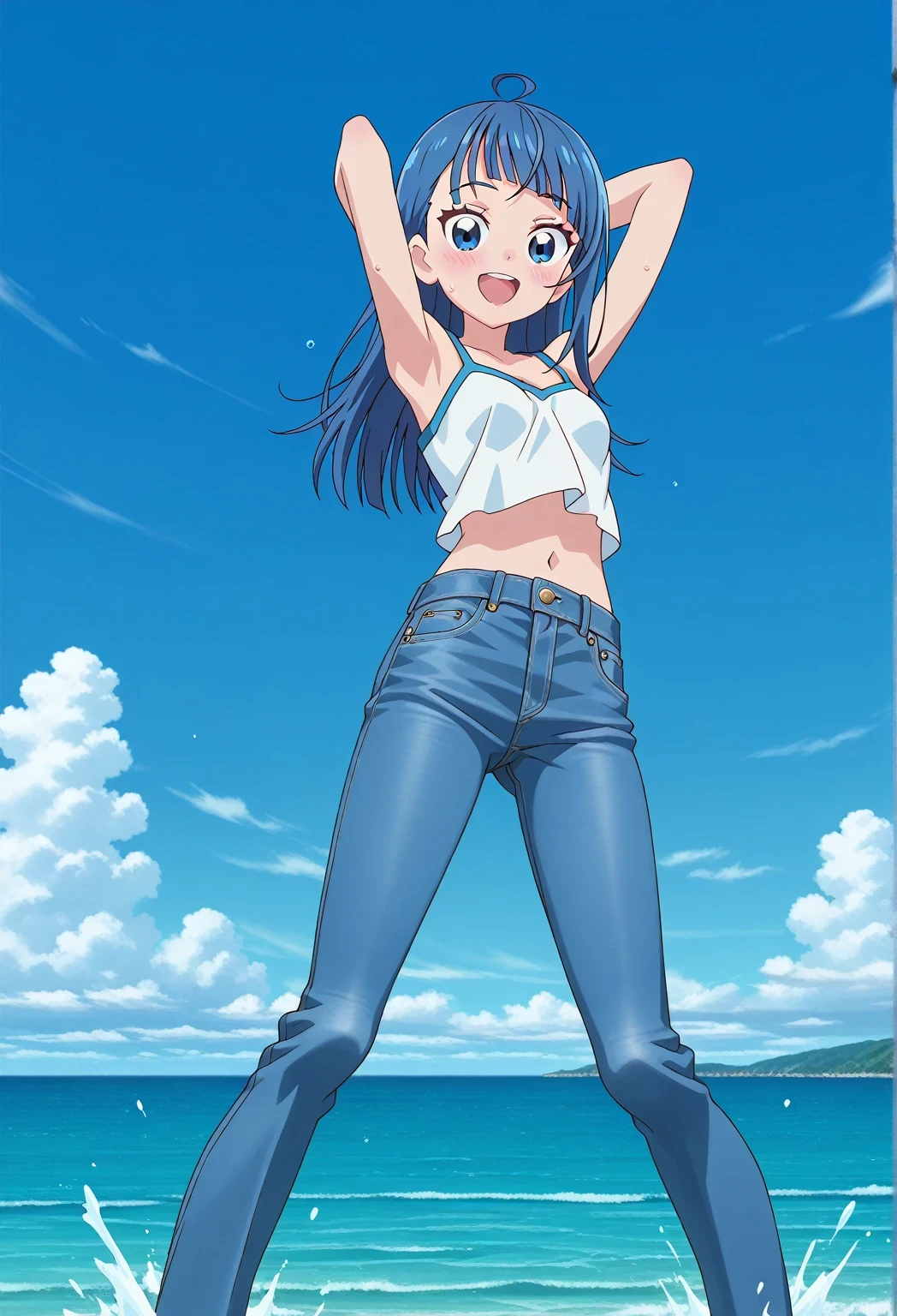 score_9, score_8_up, score_7_up, source_anime, highres, hi res, ((best quality, top quality, perfect quality, Highest Quality, amazing quality)), {{masterpiece}}, {{an extremely delicate and beautiful}}, 2d, intricate details, official style, anime, 8k, anime style, official_anime, official art, digital painting, cell shading, soft shading, high resolution, soothing tones, Subdued Color, Soft cinematic light, adobe lightroom, photolab, HDR, intricately and hyper-detailed, ((high quality animation)), 1 girl, Alone, solo, ((ocean)), tsunami, on the water, day, sunny, outdoors, sky, windy, sora harewataru, Hirogaru Sky! Precure, blue eyes, blue hair, ((long hair:1.4)), ahoge, anime screencap, small breasts, white camisole top, crop top, white crop top, best quality, hyper-detailed jeans, ((blue jeans:1.9)), (dark blue jeans:0.6), full medium body, medium shot, Open mouth, smiling, happy face, blush, sweat, standing, ((arms behind head:6.0)), ((hair separate from arms:3.5)), bowlegged, jumping pose, action, looking at viewer, spread legs, Bend knees slightly, straight-on front view
