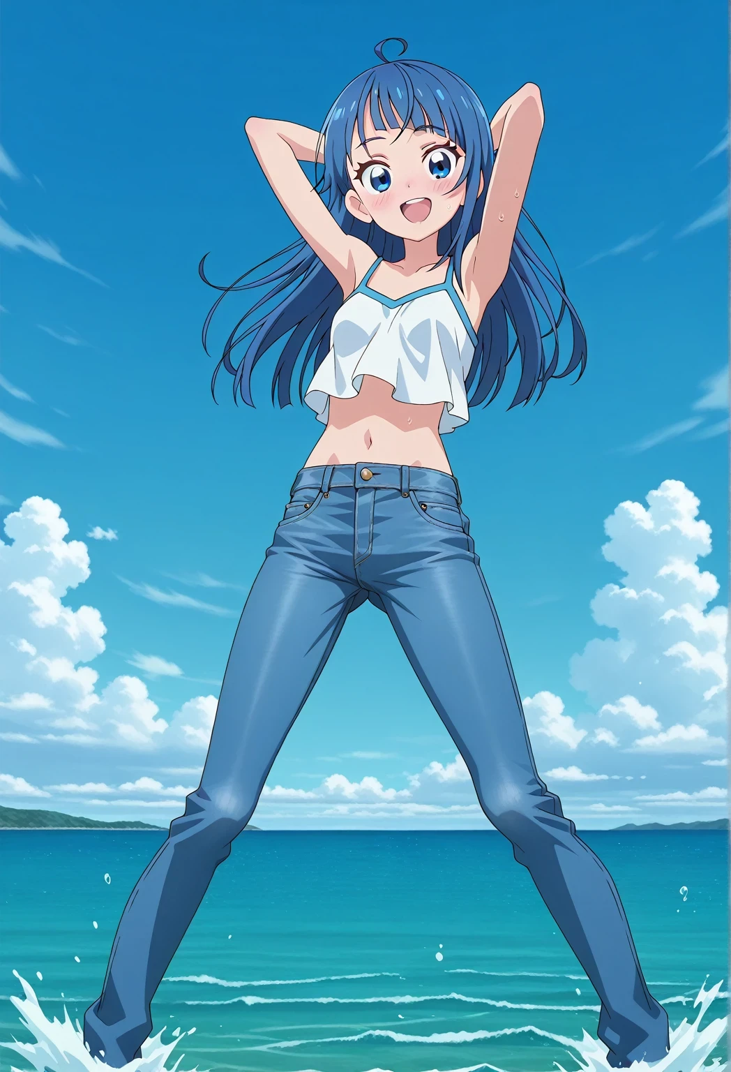 score_9, score_8_up, score_7_up, source_anime, highres, hi res, ((best quality, top quality, perfect quality, Highest Quality, amazing quality)), {{masterpiece}}, {{an extremely delicate and beautiful}}, 2d, intricate details, official style, anime, 8k, anime style, official_anime, official art, digital painting, cell shading, soft shading, high resolution, soothing tones, Subdued Color, Soft cinematic light, adobe lightroom, photolab, HDR, intricately and hyper-detailed, ((high quality animation)), 1 girl, Alone, solo, ((ocean)), tsunami, on the water, day, sunny, outdoors, sky, windy, sora harewataru, Hirogaru Sky! Precure, blue eyes, blue hair, ((long hair:1.4)), ahoge, anime screencap, small breasts, white camisole top, crop top, white crop top, best quality, hyper-detailed jeans, ((blue jeans:1.9)), (dark blue jeans:0.6), full medium body, medium shot, Open mouth, smiling, happy face, blush, sweat, standing, ((arms behind head:6.0)), ((hair separate from arms:3.5)), bowlegged, natural standing pose, action, looking at viewer, spread legs, Bend knees slightly, straight-on front view
