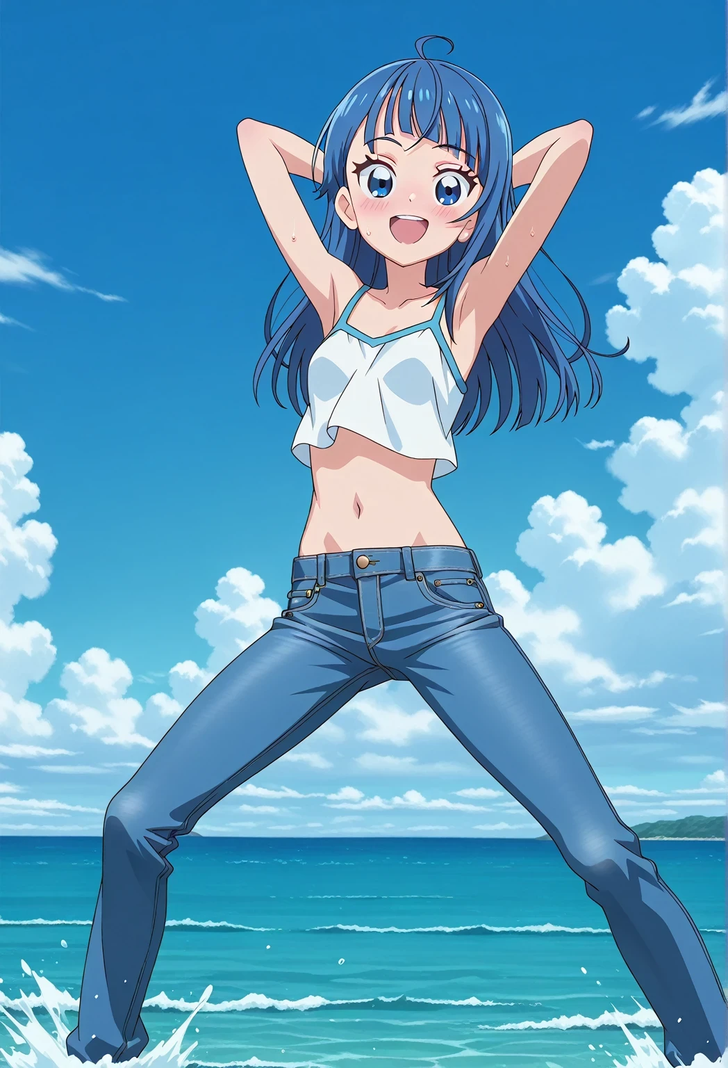 score_9, score_8_up, score_7_up, source_anime, highres, hi res, ((best quality, top quality, perfect quality, Highest Quality, amazing quality)), {{masterpiece}}, {{an extremely delicate and beautiful}}, 2d, intricate details, official style, anime, 8k, anime style, official_anime, official art, digital painting, cell shading, soft shading, high resolution, soothing tones, Subdued Color, Soft cinematic light, adobe lightroom, photolab, HDR, intricately and hyper-detailed, ((high quality animation)), 1 girl, Alone, solo, ((ocean)), tsunami, on the water, day, sunny, outdoors, sky, windy, sora harewataru, Hirogaru Sky! Precure, blue eyes, blue hair, ((long hair:1.4)), ahoge, anime screencap, small breasts, white camisole top, crop top, white crop top, best quality, hyper-detailed jeans, ((blue jeans:1.9)), (dark blue jeans:0.6), full medium body, medium shot, Open mouth, smiling, happy face, blush, sweat, standing, ((arms behind head:6.0)), ((hair separate from arms:3.5)), bowlegged, natural standing pose, action, looking at viewer, spread legs, Bend knees slightly, straight-on front view