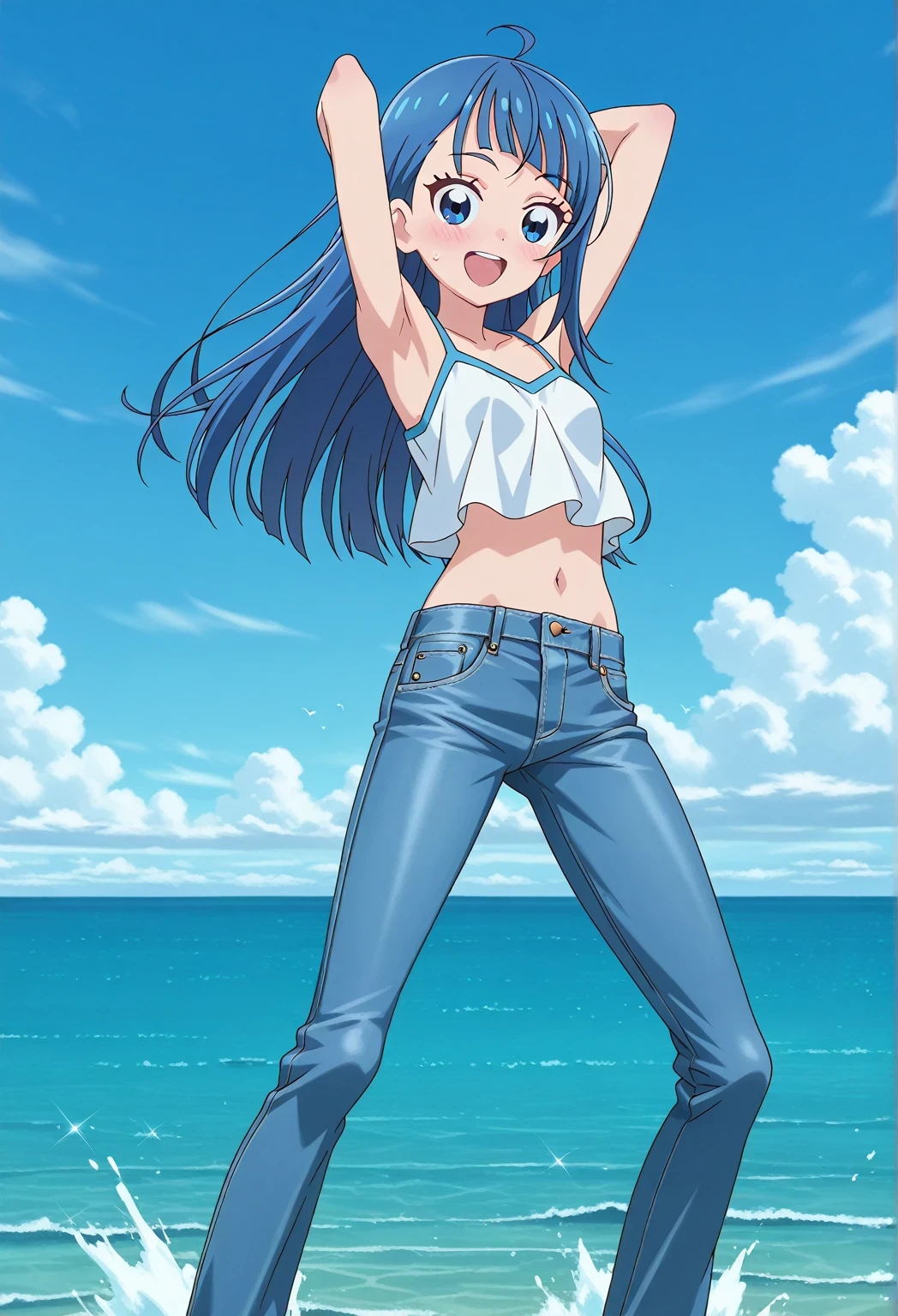 score_9, score_8_up, score_7_up, source_anime, highres, hi res, ((best quality, top quality, perfect quality, Highest Quality, amazing quality)), {{masterpiece}}, {{an extremely delicate and beautiful}}, 2d, intricate details, official style, anime, 8k, anime style, official_anime, official art, digital painting, cell shading, soft shading, high resolution, soothing tones, Subdued Color, Soft cinematic light, adobe lightroom, photolab, HDR, intricately and hyper-detailed, ((high quality animation)), 1 girl, Alone, solo, ((ocean)), tsunami, on the water, day, sunny, outdoors, sky, windy, sora harewataru, Hirogaru Sky! Precure, blue eyes, blue hair, ((long hair:1.4)), ahoge, anime screencap, small breasts, white camisole top, crop top, white crop top, best quality, hyper-detailed jeans, ((blue jeans:1.9)), (dark blue jeans:0.6), full medium body, medium shot, Open mouth, smiling, happy face, blush, sweat, standing, ((arms behind head:6.0)), ((hair separate from arms:3.5)), bowlegged, natural standing pose, action, looking at viewer, spread legs, Bend knees slightly, straight-on front view