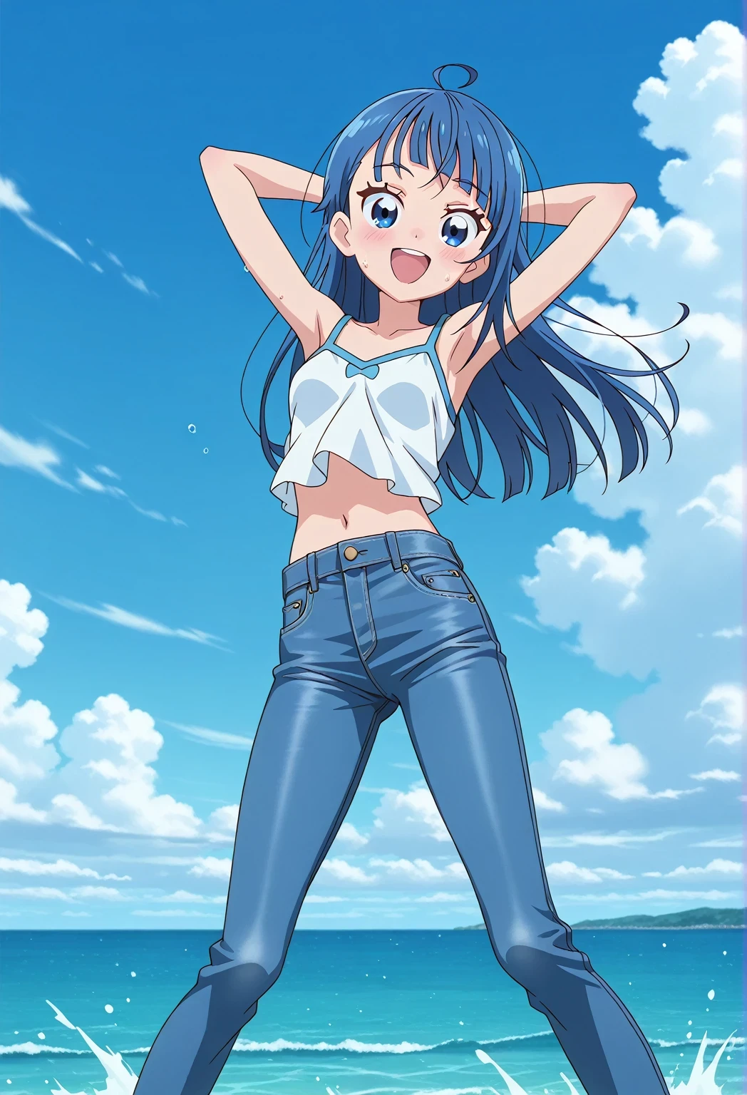 score_9, score_8_up, score_7_up, source_anime, highres, hi res, ((best quality, top quality, perfect quality, Highest Quality, amazing quality)), {{masterpiece}}, {{an extremely delicate and beautiful}}, 2d, intricate details, official style, anime, 8k, anime style, official_anime, official art, digital painting, cell shading, soft shading, high resolution, soothing tones, Subdued Color, Soft cinematic light, adobe lightroom, photolab, HDR, intricately and hyper-detailed, ((high quality animation)), 1 girl, Alone, solo, ((ocean)), tsunami, on the water, day, sunny, outdoors, sky, windy, sora harewataru, Hirogaru Sky! Precure, blue eyes, blue hair, ((long hair:1.4)), ahoge, anime screencap, small breasts, white camisole top, crop top, white crop top, best quality, hyper-detailed jeans, ((blue jeans:1.9)), (dark blue jeans:0.6), full medium body, medium shot, Open mouth, smiling, happy face, blush, sweat, standing, ((arms behind head:6.0)), ((hair separate from arms:3.5)), bowlegged, jumping pose, action, looking at viewer, spread legs, Bend knees slightly, straight-on front view