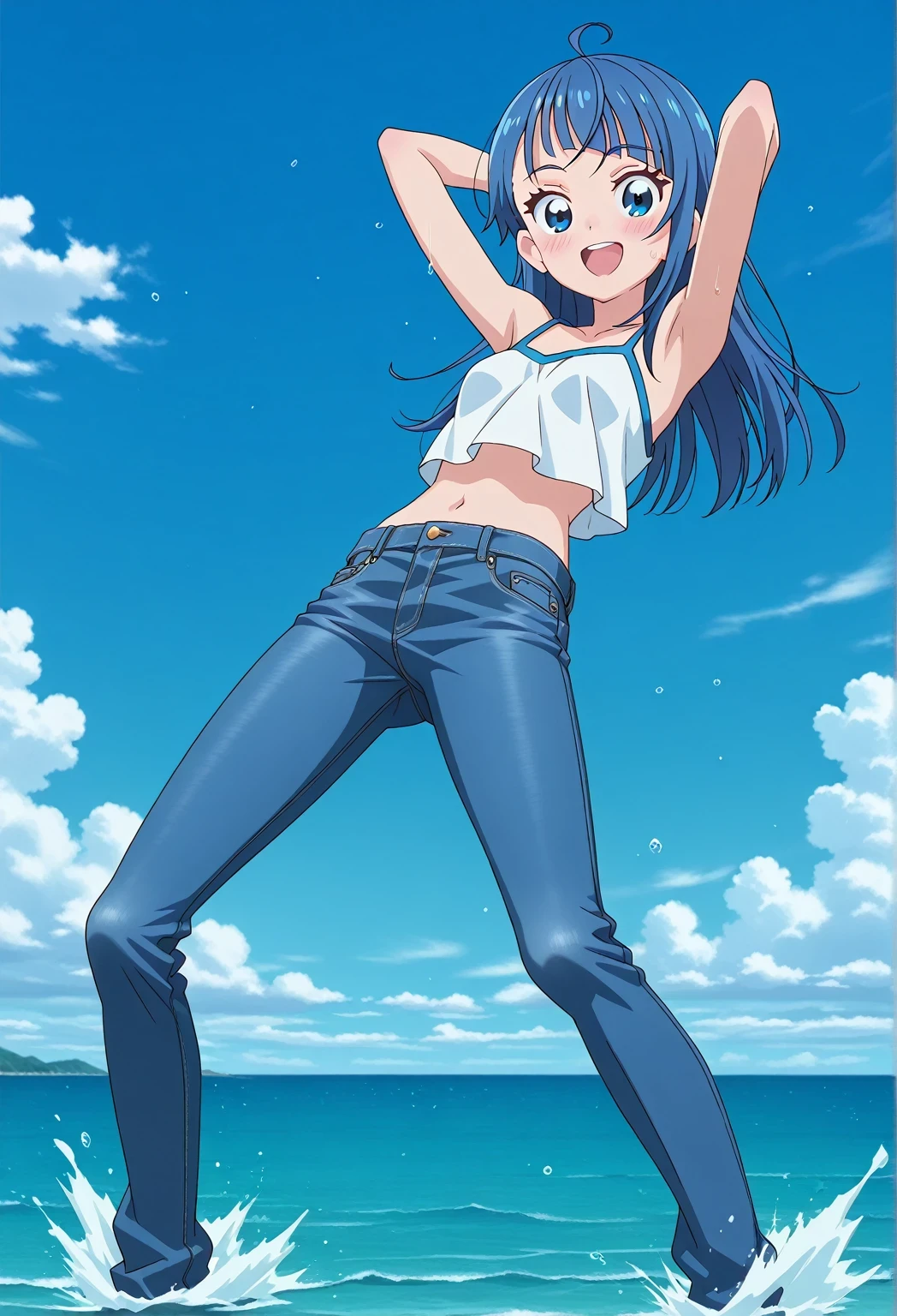 score_9, score_8_up, score_7_up, source_anime, highres, hi res, ((best quality, top quality, perfect quality, Highest Quality, amazing quality)), {{masterpiece}}, {{an extremely delicate and beautiful}}, 2d, intricate details, official style, anime, 8k, anime style, official_anime, official art, digital painting, cell shading, soft shading, high resolution, soothing tones, Subdued Color, Soft cinematic light, adobe lightroom, photolab, HDR, intricately and hyper-detailed, ((high quality animation)), 1 girl, Alone, solo, ((ocean)), tsunami, on the water, day, sunny, outdoors, sky, windy, sora harewataru, Hirogaru Sky! Precure, blue eyes, blue hair, ((long hair:1.4)), ahoge, anime screencap, small breasts, white camisole top, crop top, white crop top, best quality, hyper-detailed jeans, ((blue jeans:1.9)), (dark blue jeans:0.6), full medium body, medium shot, Open mouth, smiling, happy face, blush, sweat, standing, ((arms behind head:6.0)), ((hair separate from arms:3.5)), bowlegged, jumping pose, action, looking at viewer, spread legs, Bend knees slightly, straight-on front view