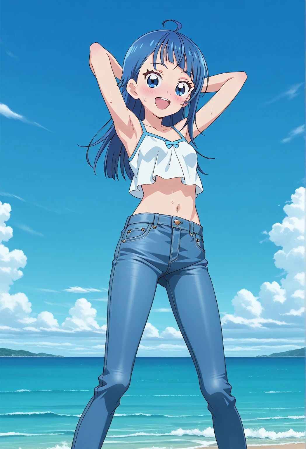 score_9, score_8_up, score_7_up, source_anime, highres, hi res, ((best quality, top quality, perfect quality, Highest Quality, amazing quality)), {{masterpiece}}, {{an extremely delicate and beautiful}}, 2d, intricate details, official style, anime, 8k, anime style, official_anime, official art, digital painting, cell shading, soft shading, high resolution, soothing tones, Subdued Color, Soft cinematic light, adobe lightroom, photolab, HDR, intricately and hyper-detailed, ((high quality animation)), 1 girl, Alone, solo, ((ocean)), tsunami, on the water, day, sunny, outdoors, sky, windy, sora harewataru, Hirogaru Sky! Precure, blue eyes, blue hair, ((long hair:1.4)), ahoge, anime screencap, small breasts, white camisole top, crop top, white crop top, best quality, hyper-detailed jeans, ((blue jeans:1.9)), (dark blue jeans:0.6), full medium body, medium shot, Open mouth, smiling, happy face, blush, sweat, standing, ((arms behind head:6.0)), ((hair separate from arms:3.5)), bowlegged, jumping pose, action, looking at viewer, spread legs, Bend knees slightly, straight-on front view
