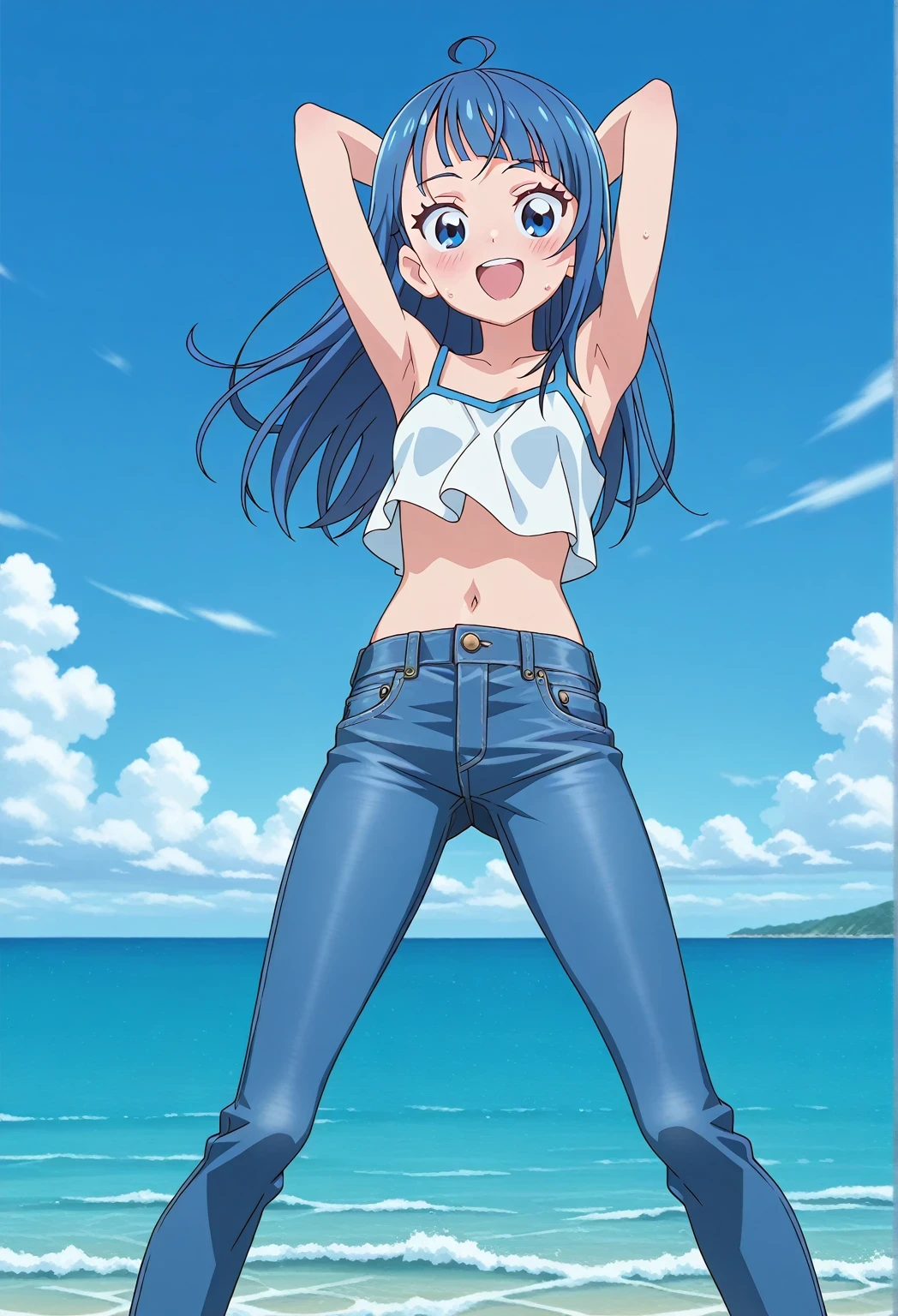 score_9, score_8_up, score_7_up, source_anime, highres, hi res, ((best quality, top quality, perfect quality, Highest Quality, amazing quality)), {{masterpiece}}, {{an extremely delicate and beautiful}}, 2d, intricate details, official style, anime, 8k, anime style, official_anime, official art, digital painting, cell shading, soft shading, high resolution, soothing tones, Subdued Color, Soft cinematic light, adobe lightroom, photolab, HDR, intricately and hyper-detailed, ((high quality animation)), 1 girl, Alone, solo, ((ocean)), tsunami, on the water, day, sunny, outdoors, sky, windy, sora harewataru, Hirogaru Sky! Precure, blue eyes, blue hair, ((long hair:1.4)), ahoge, anime screencap, small breasts, white camisole top, crop top, white crop top, best quality, hyper-detailed jeans, ((blue jeans:1.9)), (dark blue jeans:0.6), full medium body, medium shot, Open mouth, smiling, happy face, blush, sweat, standing, ((arms behind head:6.0)), ((hair separate from arms:3.5)), bowlegged, jumping pose, action, looking at viewer, spread legs, Bend knees slightly, straight-on front view