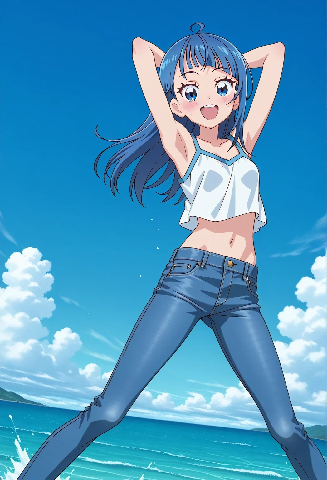 score_9, score_8_up, score_7_up, source_anime, highres, hi res, ((best quality, top quality, perfect quality, Highest Quality, amazing quality)), {{masterpiece}}, {{an extremely delicate and beautiful}}, 2d, intricate details, official style, anime, 8k, anime style, official_anime, official art, digital painting, cell shading, soft shading, high resolution, soothing tones, Subdued Color, Soft cinematic light, adobe lightroom, photolab, HDR, intricately and hyper-detailed, ((high quality animation)), 1 girl, Alone, solo, ((ocean)), tsunami, on the water, day, sunny, outdoors, sky, windy, sora harewataru, Hirogaru Sky! Precure, blue eyes, blue hair, ((long hair:1.4)), ahoge, anime screencap, small breasts, white camisole top, crop top, white crop top, best quality, hyper-detailed jeans, ((blue jeans:1.9)), (dark blue jeans:0.6), full medium body, medium shot, Open mouth, smiling, happy face, blush, sweat, standing, ((arms behind head:6.0)), ((hair separate from arms:3.5)), bowlegged, jumping pose, action, looking at viewer, spread legs, Bend knees slightly, straight-on front view