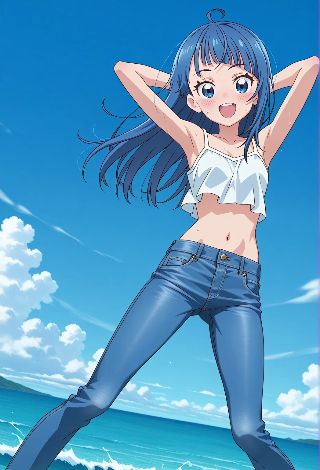 score_9, score_8_up, score_7_up, source_anime, highres, hi res, ((best quality, top quality, perfect quality, Highest Quality, amazing quality)), {{masterpiece}}, {{an extremely delicate and beautiful}}, 2d, intricate details, official style, anime, 8k, anime style, official_anime, official art, digital painting, cell shading, soft shading, high resolution, soothing tones, Subdued Color, Soft cinematic light, adobe lightroom, photolab, HDR, intricately and hyper-detailed, ((high quality animation)), 1 girl, Alone, solo, ((ocean)), tsunami, on the water, day, sunny, outdoors, sky, windy, sora harewataru, Hirogaru Sky! Precure, blue eyes, blue hair, ((long hair:1.4)), ahoge, anime screencap, small breasts, white camisole top, crop top, white crop top, best quality, hyper-detailed jeans, ((blue jeans:1.9)), (dark blue jeans:0.6), full medium body, medium shot, Open mouth, smiling, happy face, blush, sweat, standing, ((arms behind head:6.0)), ((hair separate from arms:3.5)), bowlegged, jumping pose, action, looking at viewer, spread legs, Bend knees slightly, straight-on front view