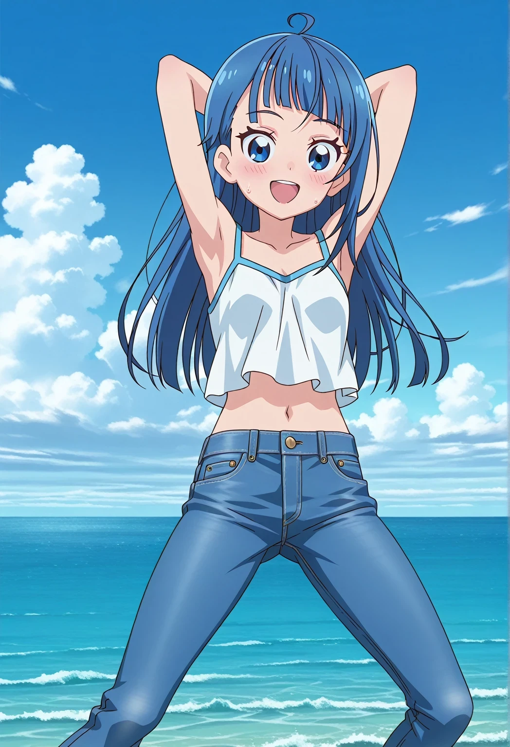 score_9, score_8_up, score_7_up, source_anime, highres, hi res, ((best quality, top quality, perfect quality, Highest Quality, amazing quality)), {{masterpiece}}, {{an extremely delicate and beautiful}}, 2d, intricate details, official style, anime, 8k, anime style, official_anime, official art, digital painting, cell shading, soft shading, high resolution, soothing tones, Subdued Color, Soft cinematic light, adobe lightroom, photolab, HDR, intricately and hyper-detailed, ((high quality animation)), 1 girl, Alone, solo, ((ocean)), tsunami, on the water, day, sunny, outdoors, sky, windy, sora harewataru, Hirogaru Sky! Precure, blue eyes, blue hair, ((long hair:1.4)), ahoge, anime screencap, small breasts, white camisole top, crop top, white crop top, best quality, hyper-detailed jeans, ((blue jeans:1.9)), (dark blue jeans:0.6), full medium body, medium shot, Open mouth, smiling, happy face, blush, sweat, standing, ((arms behind head:6.0)), ((hair separate from arms:3.5)), bowlegged, jumping pose, action, looking at viewer, spread legs, Bend knees slightly, straight-on front view