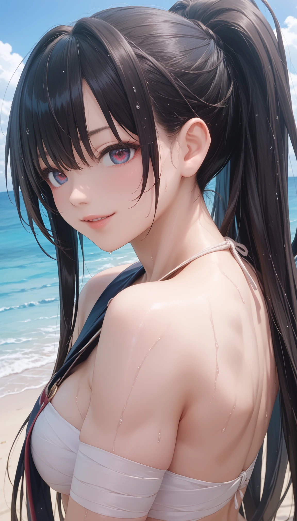 best quality,masterpiece, an extremely delicate and beautiful, CG,extremely detailed ,highres, extremely detailed,depth of field, 1girl, tifa_lockhart,beautiful detailed girl,black_hair, long_hair, beautiful detailed red eyes, makeup,light on face,(wet skin:1.5),Bikini,hot,blue sea, blue sky, Beach,(cowboy shot:1.2)