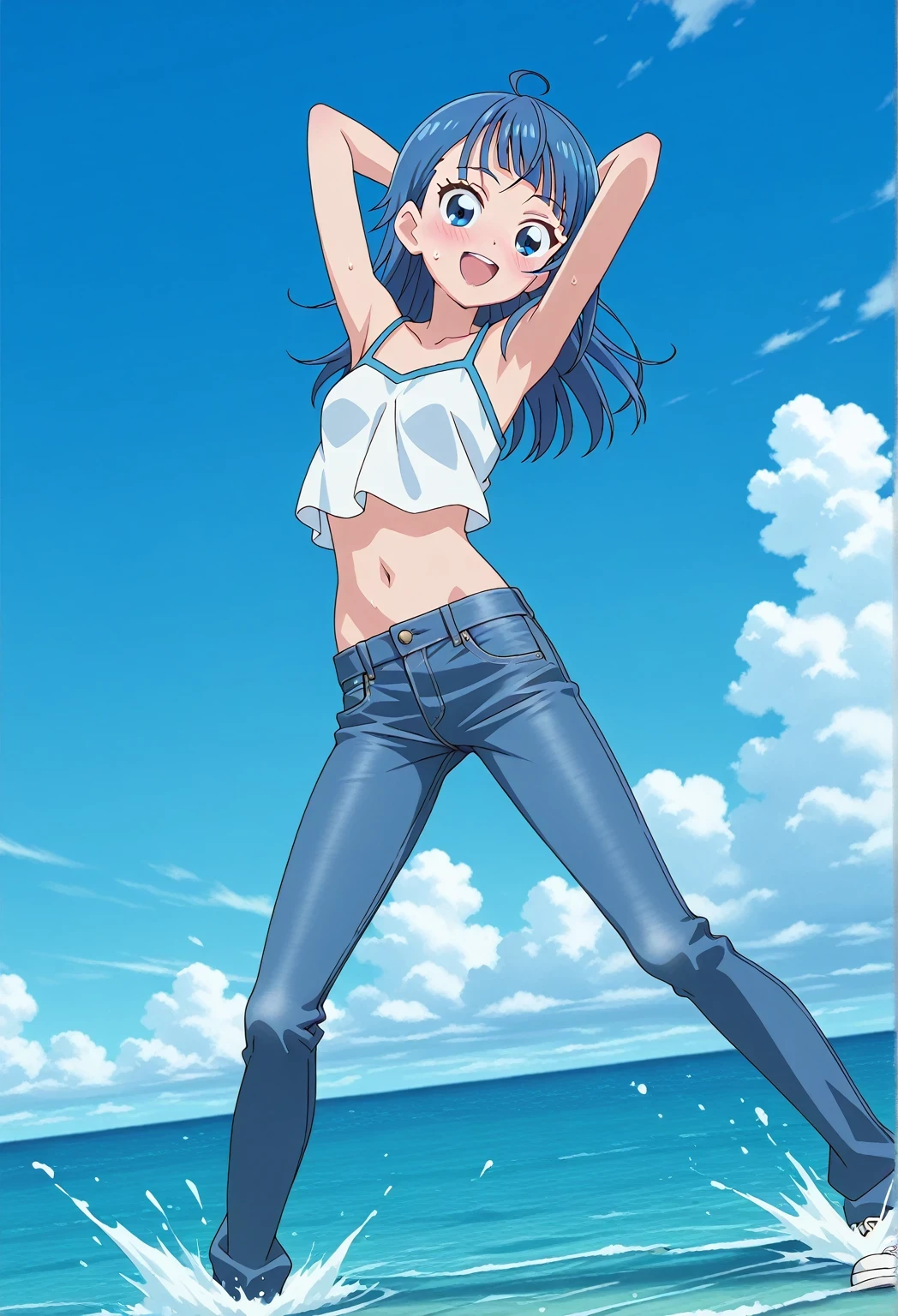 score_9, score_8_up, score_7_up, source_anime, highres, hi res, ((best quality, top quality, perfect quality, Highest Quality, amazing quality)), {{masterpiece}}, {{an extremely delicate and beautiful}}, 2d, intricate details, official style, anime, 8k, anime style, official_anime, official art, digital painting, cell shading, soft shading, high resolution, soothing tones, Subdued Color, Soft cinematic light, adobe lightroom, photolab, HDR, intricately and hyper-detailed, ((high quality animation)), 1 girl, Alone, solo, ((ocean)), tsunami, on the water, day, sunny, outdoors, sky, windy, sora harewataru, Hirogaru Sky! Precure, blue eyes, blue hair, ((long hair:1.4)), ahoge, anime screencap, small breasts, white camisole top, crop top, white crop top, best quality, hyper-detailed jeans, ((blue jeans:1.9)), (dark blue jeans:0.6), full medium body, medium shot, Open mouth, smiling, happy face, blush, sweat, standing, ((arms behind head:6.0)), ((hair separate from arms:3.5)), bowlegged, jumping pose, action, looking at viewer, spread legs, Bend knees slightly, straight-on front view