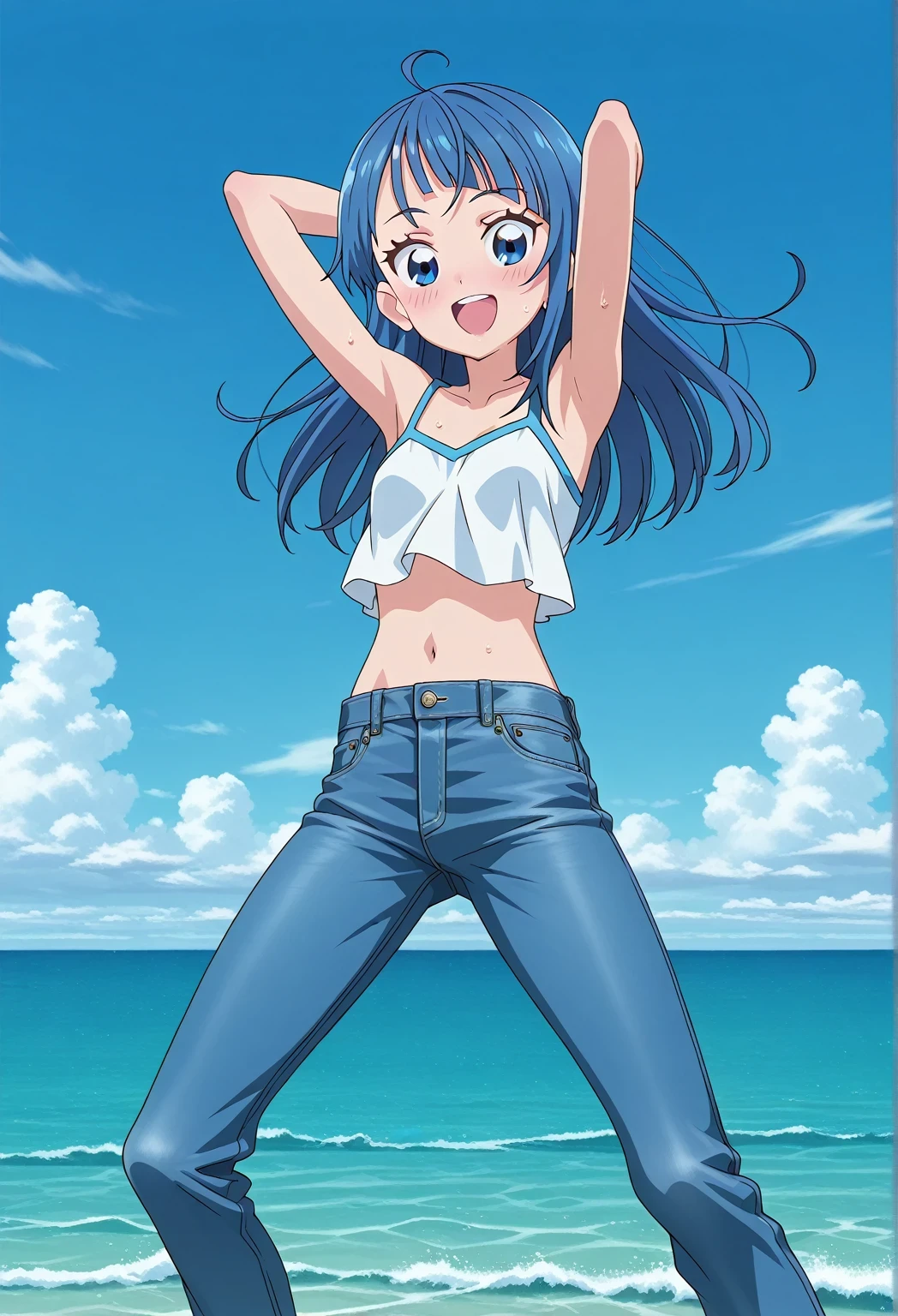score_9, score_8_up, score_7_up, source_anime, highres, hi res, ((best quality, top quality, perfect quality, Highest Quality, amazing quality)), {{masterpiece}}, {{an extremely delicate and beautiful}}, 2d, intricate details, official style, anime, 8k, anime style, official_anime, official art, digital painting, cell shading, soft shading, high resolution, soothing tones, Subdued Color, Soft cinematic light, adobe lightroom, photolab, HDR, intricately and hyper-detailed, ((high quality animation)), 1 girl, Alone, solo, ((ocean)), tsunami, on the water, day, sunny, outdoors, sky, windy, sora harewataru, Hirogaru Sky! Precure, blue eyes, blue hair, ((long hair:1.4)), ahoge, anime screencap, small breasts, white camisole top, crop top, white crop top, best quality, hyper-detailed jeans, ((blue jeans:1.9)), (dark blue jeans:0.6), full medium body, medium shot, Open mouth, smiling, happy face, blush, sweat, standing, ((arms behind head:6.0)), ((hair separate from arms:3.5)), bowlegged, jumping pose, action, looking at viewer, spread legs, Bend knees slightly, straight-on front view