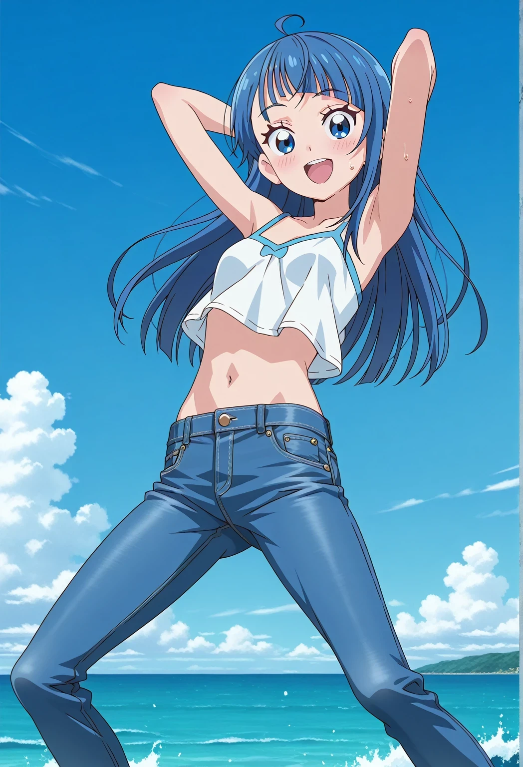 score_9, score_8_up, score_7_up, source_anime, highres, hi res, ((best quality, top quality, perfect quality, Highest Quality, amazing quality)), {{masterpiece}}, {{an extremely delicate and beautiful}}, 2d, intricate details, official style, anime, 8k, anime style, official_anime, official art, digital painting, cell shading, soft shading, high resolution, soothing tones, Subdued Color, Soft cinematic light, adobe lightroom, photolab, HDR, intricately and hyper-detailed, ((high quality animation)), 1 girl, Alone, solo, ((ocean)), tsunami, on the water, day, sunny, outdoors, sky, windy, sora harewataru, Hirogaru Sky! Precure, blue eyes, blue hair, ((long hair:1.4)), ahoge, anime screencap, small breasts, white camisole top, crop top, white crop top, best quality, hyper-detailed jeans, ((blue jeans:1.9)), (dark blue jeans:0.6), full medium body, medium shot, Open mouth, smiling, happy face, blush, sweat, standing, ((arms behind head:6.0)), ((hair separate from arms:3.5)), bowlegged, jumping pose, action, looking at viewer, spread legs, Bend knees slightly, straight-on front view