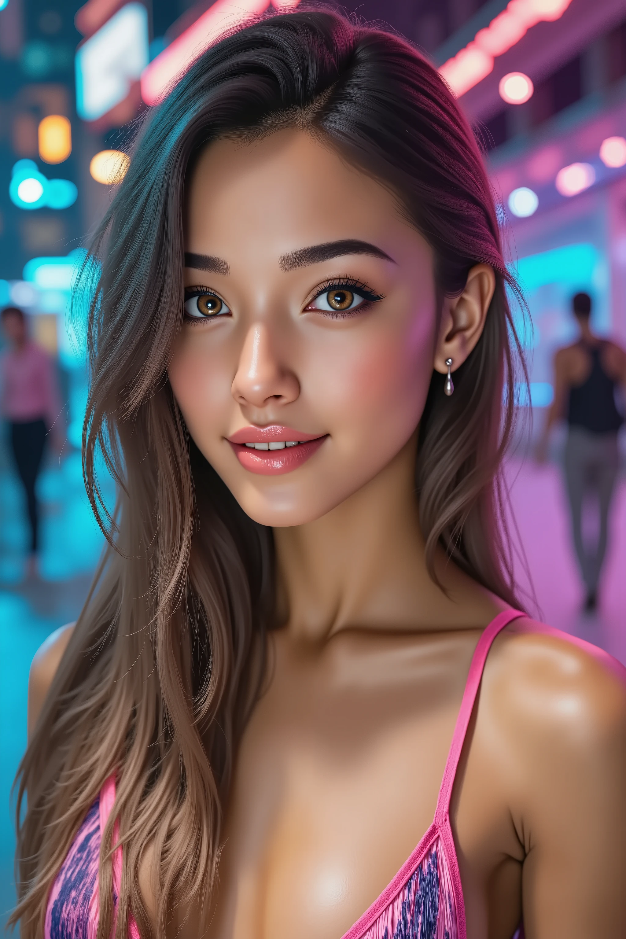 Ultra-realistic (photorealistic Realism) , "UHD, Hyper high resolution" - "(intricately ultra-detailed digital art)" (Key Directive: - "The priority is the anatomical accuracy and texture of the materials" - "Ultra-sharp human eyes with biological accuracy") (realistic texture details: velvety skin, hair), (dark hair (slicked to one side:1.25), extremely detailed:1.25), "Eyes:(acid-resistant terminology) (macro-details:1.5): * Moist corneal surface (visible aqueous layer:1.2) * Hyper-detailed iris stroma (brown with gold flecks) * Precise limbal ring (slightly darker pigmentation:1.1) * Pupil micro-texture (irregular edge authenticity:0.9) * Vasculature in sclera (subtle red veins radiating from limbus)" - "Lashes: blue individual synthetic fibers (crosshatched roots:1.2, clump-free separation)" (Beautiful bikini, made of PVC ribbon:1.15), (Slingshot Swimsuit: 1.3), ((Wear Sling Made of PVC Ribbon: 1.3)). generate hands anatomically correct. big cyberpunk city in the background, ((vivid colorful))