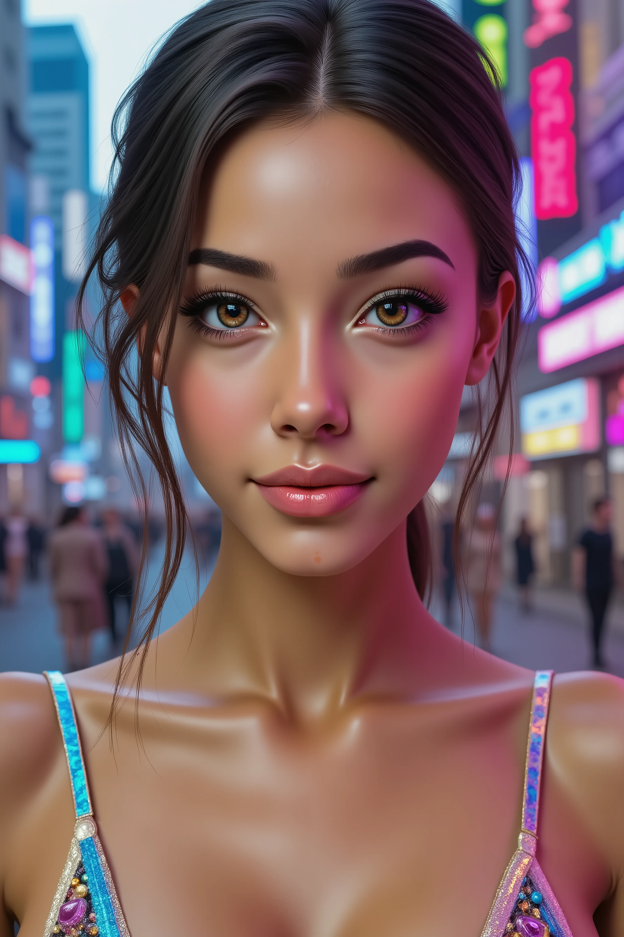 Ultra-realistic (photorealistic Realism) , "UHD, Hyper high resolution" - "(intricately ultra-detailed digital art)" (Key Directive: - "The priority is the anatomical accuracy and texture of the materials" - "Ultra-sharp human eyes with biological accuracy") (realistic texture details: velvety skin, hair), (dark hair (slicked to one side:1.25), extremely detailed:1.25), "Eyes:(acid-resistant terminology) (macro-details:1.5): * Moist corneal surface (visible aqueous layer:1.2) * Hyper-detailed iris stroma (brown with gold flecks) * Precise limbal ring (slightly darker pigmentation:1.1) * Pupil micro-texture (irregular edge authenticity:0.9) * Vasculature in sclera (subtle red veins radiating from limbus)" - "Lashes: blue individual synthetic fibers (crosshatched roots:1.2, clump-free separation)" (Beautiful bikini, made of PVC ribbon:1.15), (Slingshot Swimsuit: 1.3), ((Wear Sling Made of PVC Ribbon: 1.3)). generate hands anatomically correct. big cyberpunk city in the background, ((vivid colorful))