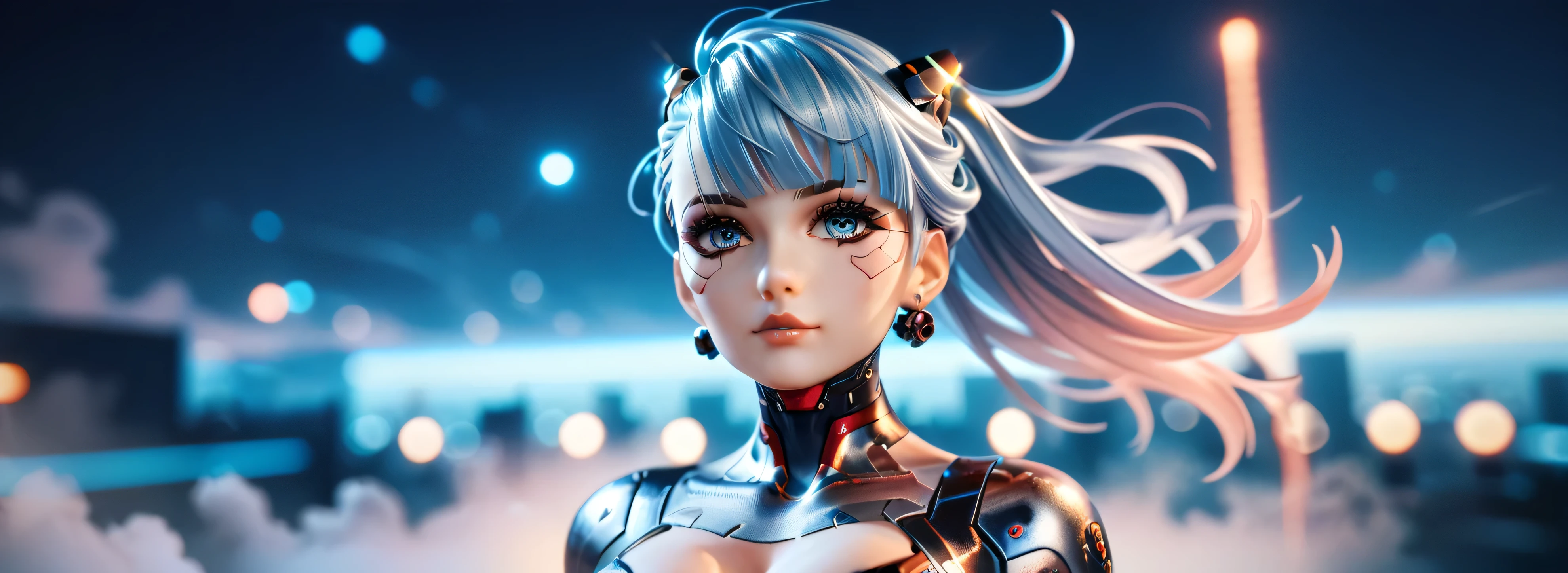 Futuristic cyberpunk cityscape filled with glowing red and blue lights, metallic textures, floating geometric 3D shapes, fog and reflections, cinematic composition, ultra realistic 3D render, wide angle view, 8K