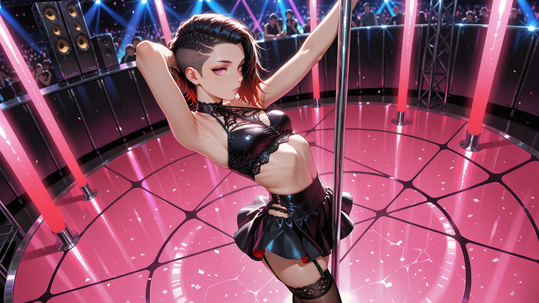 1girl,a beautiful fashion model ,(masterpiece, official art, best quality) (perfect eyes) , short and shiny dark blue hair, black streaks  in hair,  full lips, cute nose, medium , , elegant makeup, exhibitionism,  in public, , slim thighs, toned body, shiny skin,  pose,,(( (slender, skinny, slim))), gold hoop earrings, eyeshadow, cute face, ((( living clothes, torn clothes))) embarrassed, coy, surprised, blush, glittery skin, girl dancing on stage, skinny thighs, narrow , skirt lift, red and silver OUTFIT, slutty top, abs, toned stomach, chloeprice, tentacles