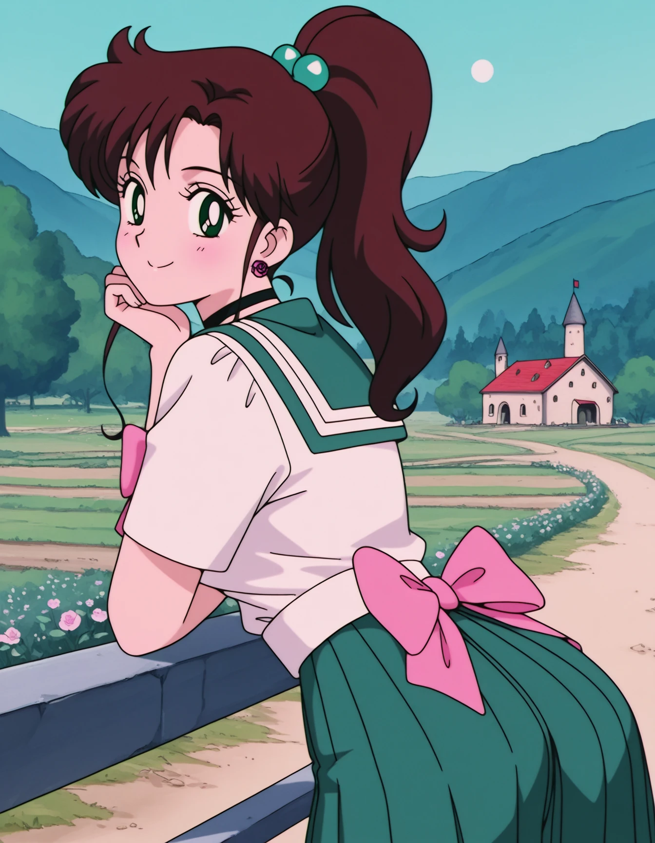 Best quality, masterpiece, HD, Kagome Higurashi, 1girl, school uniform, full body, young girl, full body , ((Anime)), ((colored)), , smile , thighs soft , red scarf , green skirt