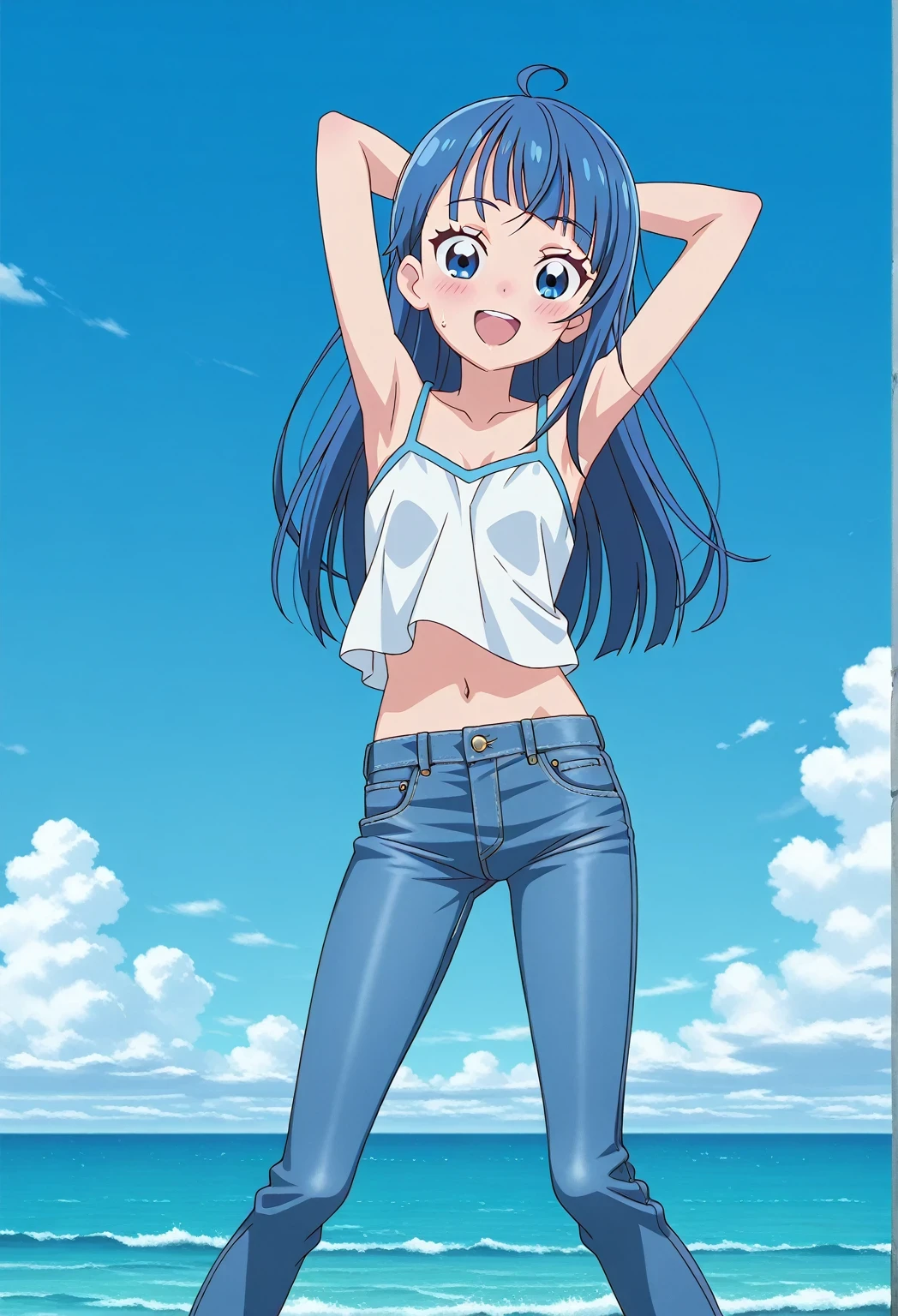 score_9, score_8_up, score_7_up, source_anime, highres, hi res, ((best quality, top quality, perfect quality, Highest Quality, amazing quality)), {{masterpiece}}, {{an extremely delicate and beautiful}}, 2d, intricate details, official style, anime, 8k, anime style, official_anime, official art, digital painting, cell shading, soft shading, high resolution, soothing tones, Subdued Color, Soft cinematic light, adobe lightroom, photolab, HDR, intricately and hyper-detailed, ((high quality animation)), 1 girl, Alone, solo, ((ocean)), tsunami, on the water, day, sunny, outdoors, sky, windy, sora harewataru, Hirogaru Sky! Precure, blue eyes, blue hair, ((long hair:1.4)), ahoge, anime screencap, small breasts, white camisole top, crop top, white crop top, best quality, hyper-detailed jeans, ((blue jeans:1.9)), (dark blue jeans:0.6), full medium body, medium shot, Open mouth, smiling, happy face, blush, sweat, standing, ((arms behind head:6.0)), ((hair separate from arms:3.5)), bowlegged, jumping pose, action, looking at viewer, spread legs, Bend knees slightly, straight-on front view