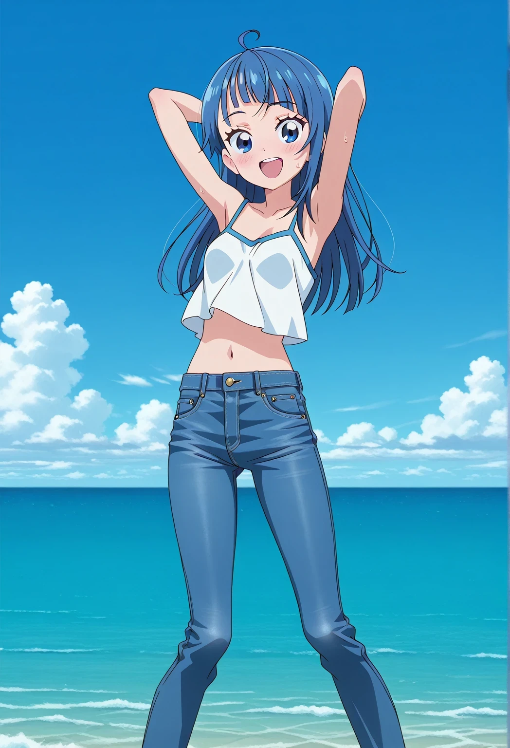 score_9, score_8_up, score_7_up, source_anime, highres, hi res, ((best quality, top quality, perfect quality, Highest Quality, amazing quality)), {{masterpiece}}, {{an extremely delicate and beautiful}}, 2d, intricate details, official style, anime, 8k, anime style, official_anime, official art, digital painting, cell shading, soft shading, high resolution, soothing tones, Subdued Color, Soft cinematic light, adobe lightroom, photolab, HDR, intricately and hyper-detailed, ((high quality animation)), 1 girl, Alone, solo, ((ocean)), tsunami, on the water, day, sunny, outdoors, sky, windy, sora harewataru, Hirogaru Sky! Precure, blue eyes, blue hair, ((long hair:1.4)), ahoge, anime screencap, small breasts, white camisole top, crop top, white crop top, best quality, hyper-detailed jeans, ((blue jeans:1.9)), (dark blue jeans:0.6), full medium body, medium shot, Open mouth, smiling, happy face, blush, sweat, standing, ((arms behind head:6.0)), ((hair separate from arms:3.5)), bowlegged, jumping pose, action, looking at viewer, spread legs, Bend knees slightly, straight-on front view