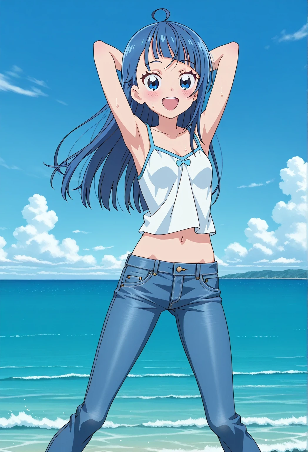 score_9, score_8_up, score_7_up, source_anime, highres, hi res, ((best quality, top quality, perfect quality, Highest Quality, amazing quality)), {{masterpiece}}, {{an extremely delicate and beautiful}}, 2d, intricate details, official style, anime, 8k, anime style, official_anime, official art, digital painting, cell shading, soft shading, high resolution, soothing tones, Subdued Color, Soft cinematic light, adobe lightroom, photolab, HDR, intricately and hyper-detailed, ((high quality animation)), 1 girl, Alone, solo, ((ocean)), tsunami, on the water, day, sunny, outdoors, sky, windy, sora harewataru, Hirogaru Sky! Precure, blue eyes, blue hair, ((long hair:1.4)), ahoge, anime screencap, small breasts, white camisole top, crop top, white crop top, best quality, hyper-detailed jeans, ((blue jeans:1.9)), (dark blue jeans:0.6), full medium body, medium shot, Open mouth, smiling, happy face, blush, sweat, standing, ((arms behind head:6.0)), ((hair separate from arms:3.5)), bowlegged, jumping pose, action, looking at viewer, spread legs, Bend knees slightly, straight-on front view