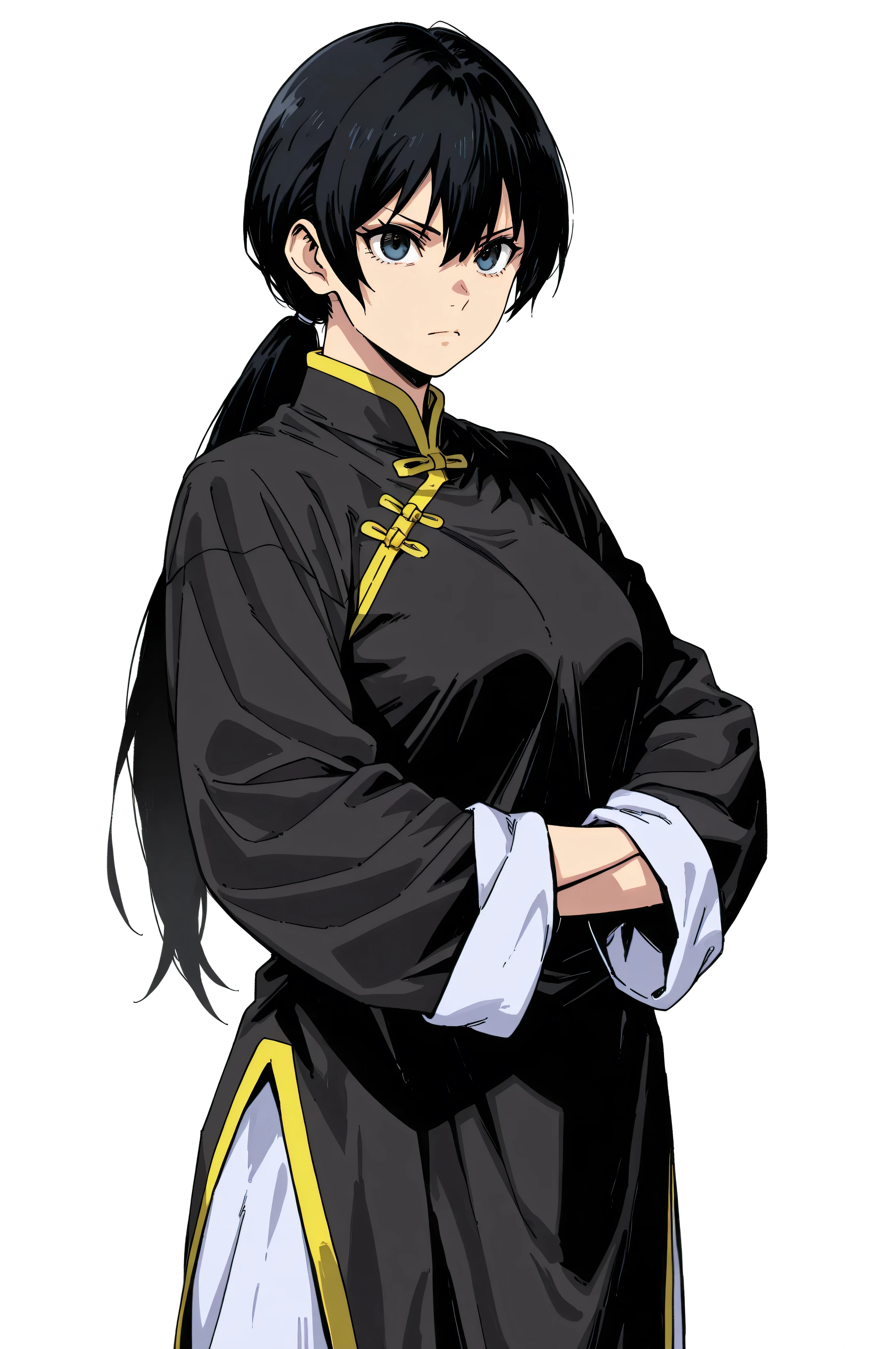 gsfghtr, multicolored robe, chinese clothes,KungFuUniform,score_9, score_8_up, score_7_up, gsfghtr, 1girl, serious, low ponytail, kohei horitoshi, white background, mature female, hide arms inside sleeves, kung fu master, 