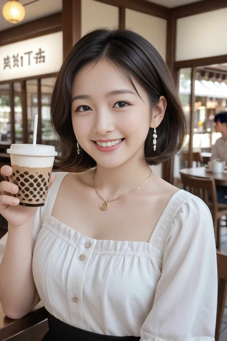best quality，The original，masterpiece，Ultra-high resolution，Sweet girl，With hair down，Necklace Necklace，camisole，Medium ，Coffee Shop，City，heal