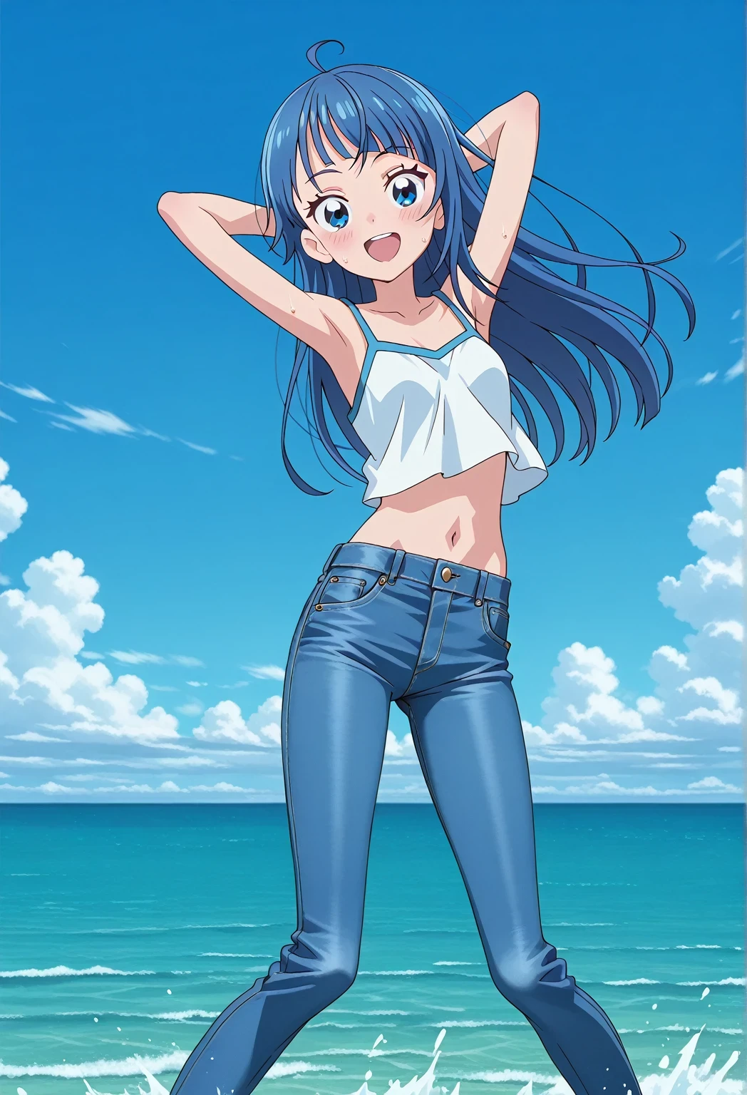 score_9, score_8_up, score_7_up, source_anime, highres, hi res, ((best quality, top quality, perfect quality, Highest Quality, amazing quality)), {{masterpiece}}, {{an extremely delicate and beautiful}}, 2d, intricate details, official style, anime, 8k, anime style, official_anime, official art, digital painting, cell shading, soft shading, high resolution, soothing tones, Subdued Color, Soft cinematic light, adobe lightroom, photolab, HDR, intricately and hyper-detailed, ((high quality animation)), 1 girl, Alone, solo, ((ocean)), tsunami, on the water, day, sunny, outdoors, sky, windy, sora harewataru, Hirogaru Sky! Precure, blue eyes, blue hair, ((long hair:1.4)), ahoge, anime screencap, small breasts, white camisole top, crop top, white crop top, best quality, hyper-detailed jeans, ((blue jeans:1.9)), (dark blue jeans:0.6), full medium body, medium shot, Open mouth, smiling, happy face, blush, sweat, standing, ((arms behind head:6.0)), ((hair separate from arms:3.5)), bowlegged, jumping pose, action, looking at viewer, spread legs, Bend knees slightly, straight-on front view