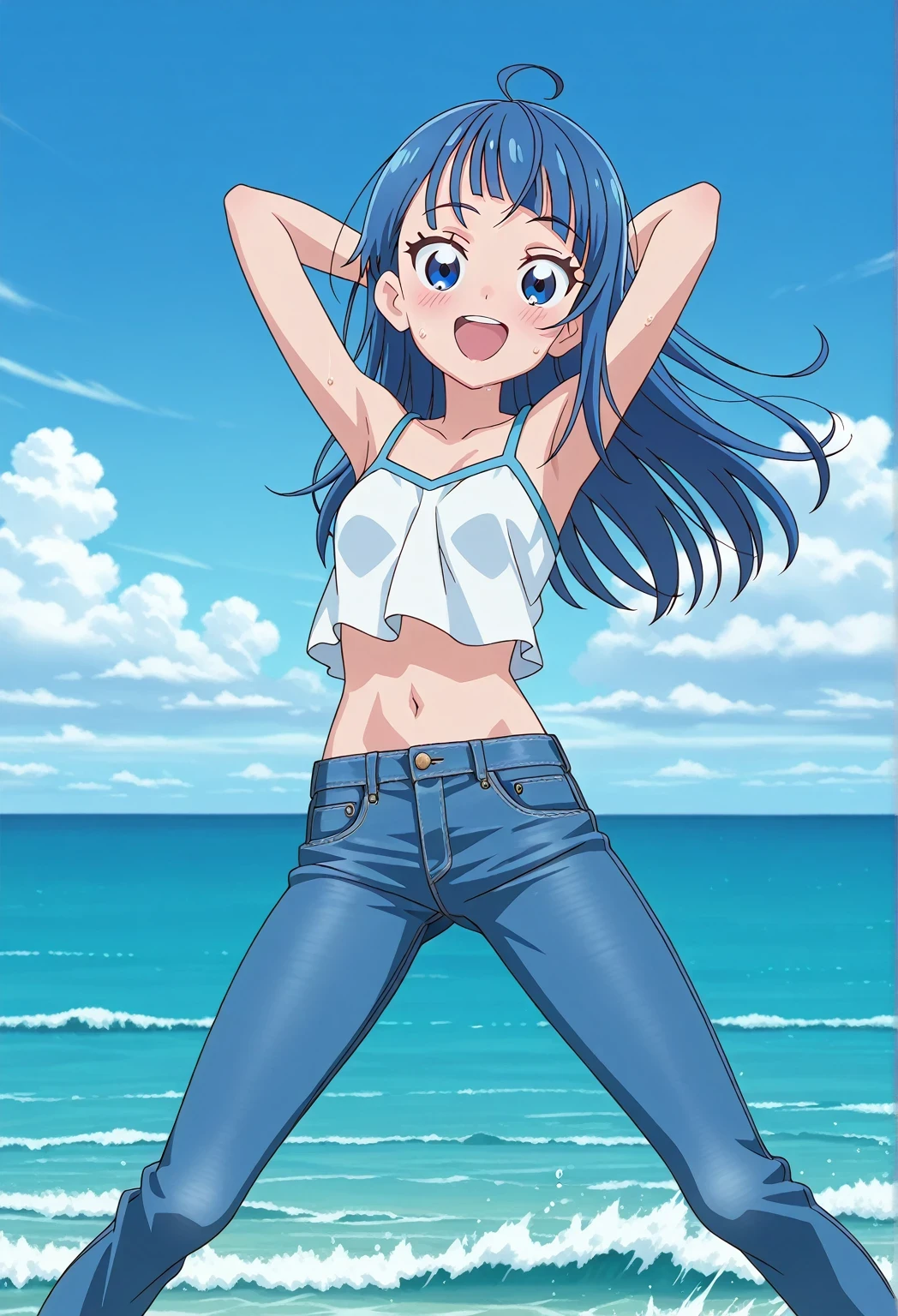 score_9, score_8_up, score_7_up, source_anime, highres, hi res, ((best quality, top quality, perfect quality, Highest Quality, amazing quality)), {{masterpiece}}, {{an extremely delicate and beautiful}}, 2d, intricate details, official style, anime, 8k, anime style, official_anime, official art, digital painting, cell shading, soft shading, high resolution, soothing tones, Subdued Color, Soft cinematic light, adobe lightroom, photolab, HDR, intricately and hyper-detailed, ((high quality animation)), 1 girl, Alone, solo, ((ocean)), tsunami, on the water, day, sunny, outdoors, sky, windy, sora harewataru, Hirogaru Sky! Precure, blue eyes, blue hair, ((long hair:1.4)), ahoge, anime screencap, small breasts, white camisole top, crop top, white crop top, best quality, hyper-detailed jeans, ((blue jeans:1.9)), (dark blue jeans:0.6), full medium body, medium shot, Open mouth, smiling, happy face, blush, sweat, standing, ((arms behind head:6.0)), ((hair separate from arms:3.5)), bowlegged, jumping pose, action, looking at viewer, spread legs, Bend knees slightly, straight-on front view