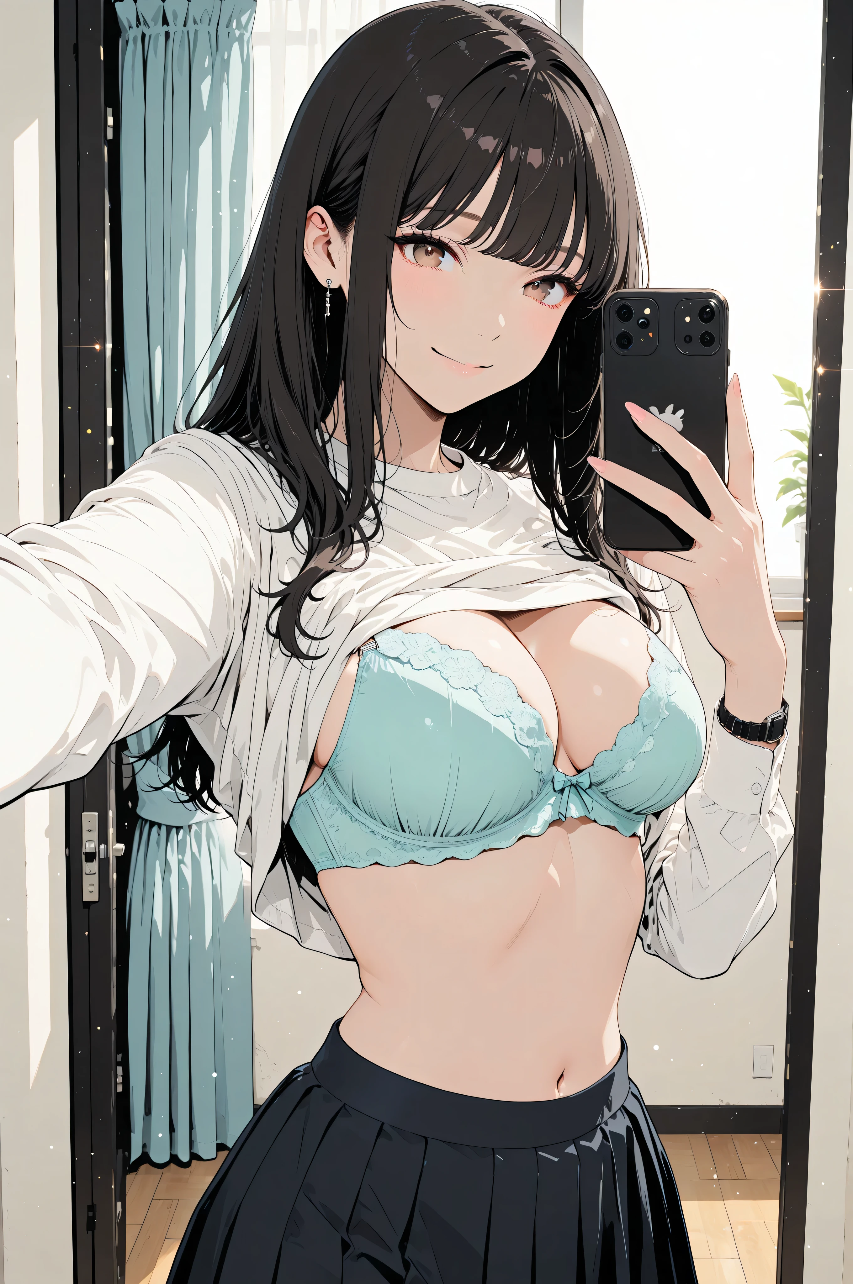 high school girl、in underwear、bra top、Defenseless with a carefree smile、selfie style

