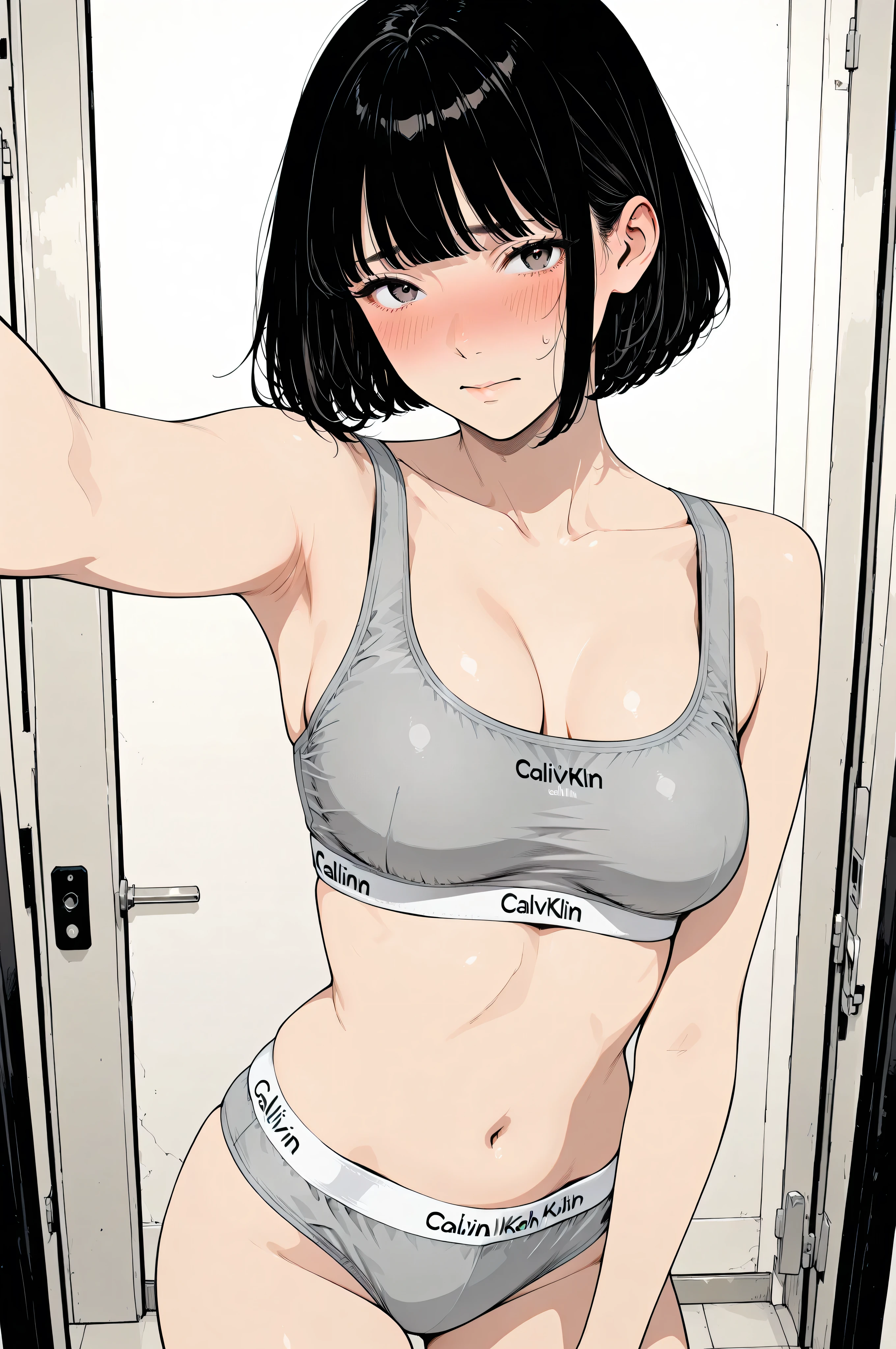 high school girl、in underwear、embarrassed faces、Calvin Klein、selfie style、SHORT BOB HAIR、

