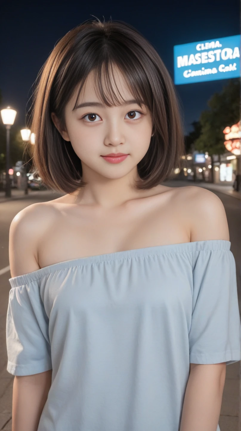 (masterpiece:1.3), high resolution, ultra detailed, extremely detailed CG unity 8k wallpaper, realistic, photo-realistic, RAW photo, beautiful detailed face, pale skin, realistic glistening skin, detailed cloth texture, detailed hair texture, Perfect body, Beautiful Face, accurate, Anatomically correct, Highly detailed face and skin texture, natural neck length, (beautiful hands), (fair skin:1.1), (well-aligned teeth:1.1), (Sweaty skin:1.2),
BREAK,
Detailed eyes, symmetric eyes, Light Brown eyes, Double eyelids, Thin eyebrows, (Glossy lips:1.4), ((A face with waiting for a kiss:1.2)), (blush:1.1), (A sparkling small hair accessory:1.1), (beautiful smile:1.1)
BREAK,
(A classy and Cute woman:1.3),(, , :1.4),
BREAK,
medium large , slender figure, firm abs,
((hime cut hairstyle, Dark blonde hair, wavy hair, asymmetric bangs:1.2)), (looking at viewer), (cowboy shot:1.4), From above,
BREAK,
((standing on Shibuya at night)),