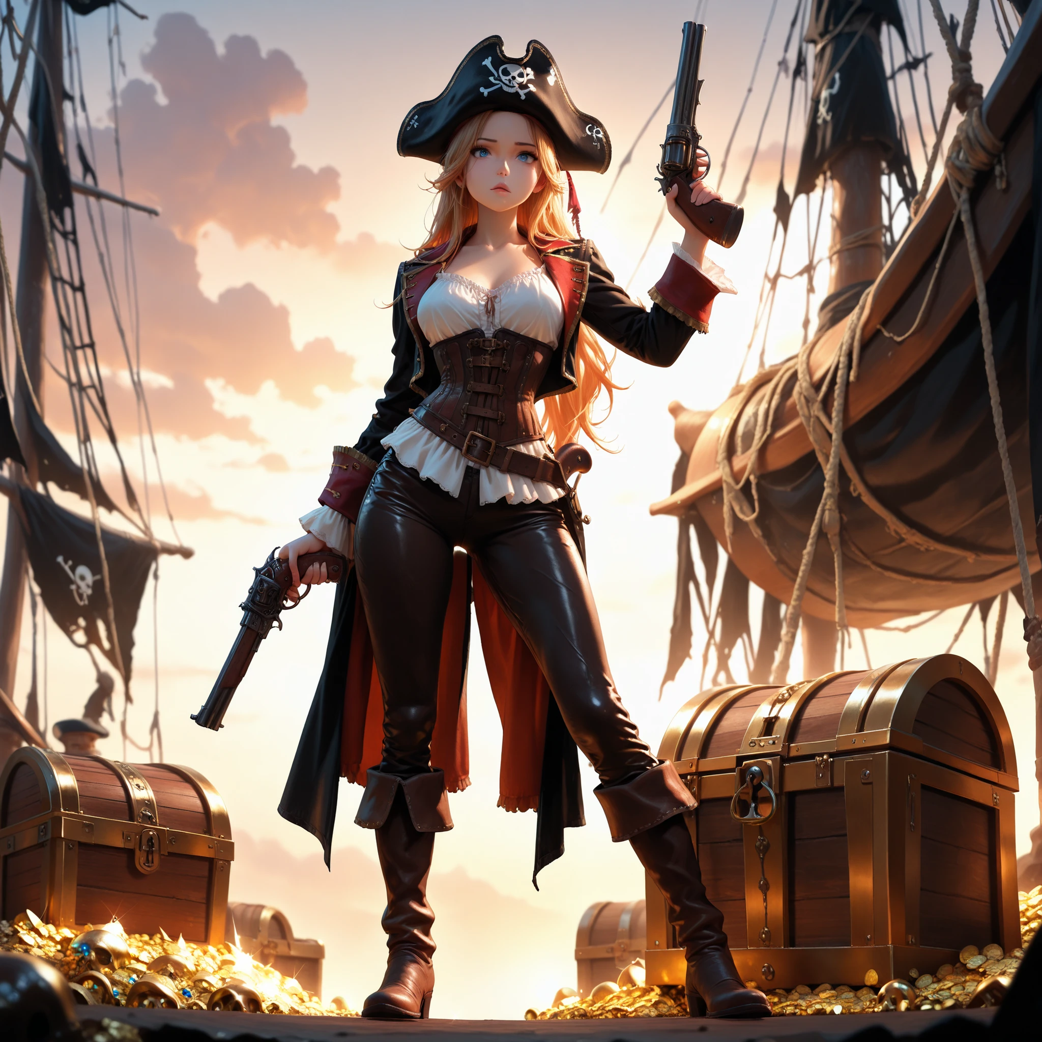 (masterpiece, best quality, amazing quality, absurdres, very aesthetic), (Hollywood film, cinematic film), (1girl, solo), gold long hair, blue eyes, (pirate costumes, tricorn hat, white blouse, leather corset, leather long pants, sturdy boots), (holding old style hand gun:1.1), (standing in the dusk coast, treasure chest)