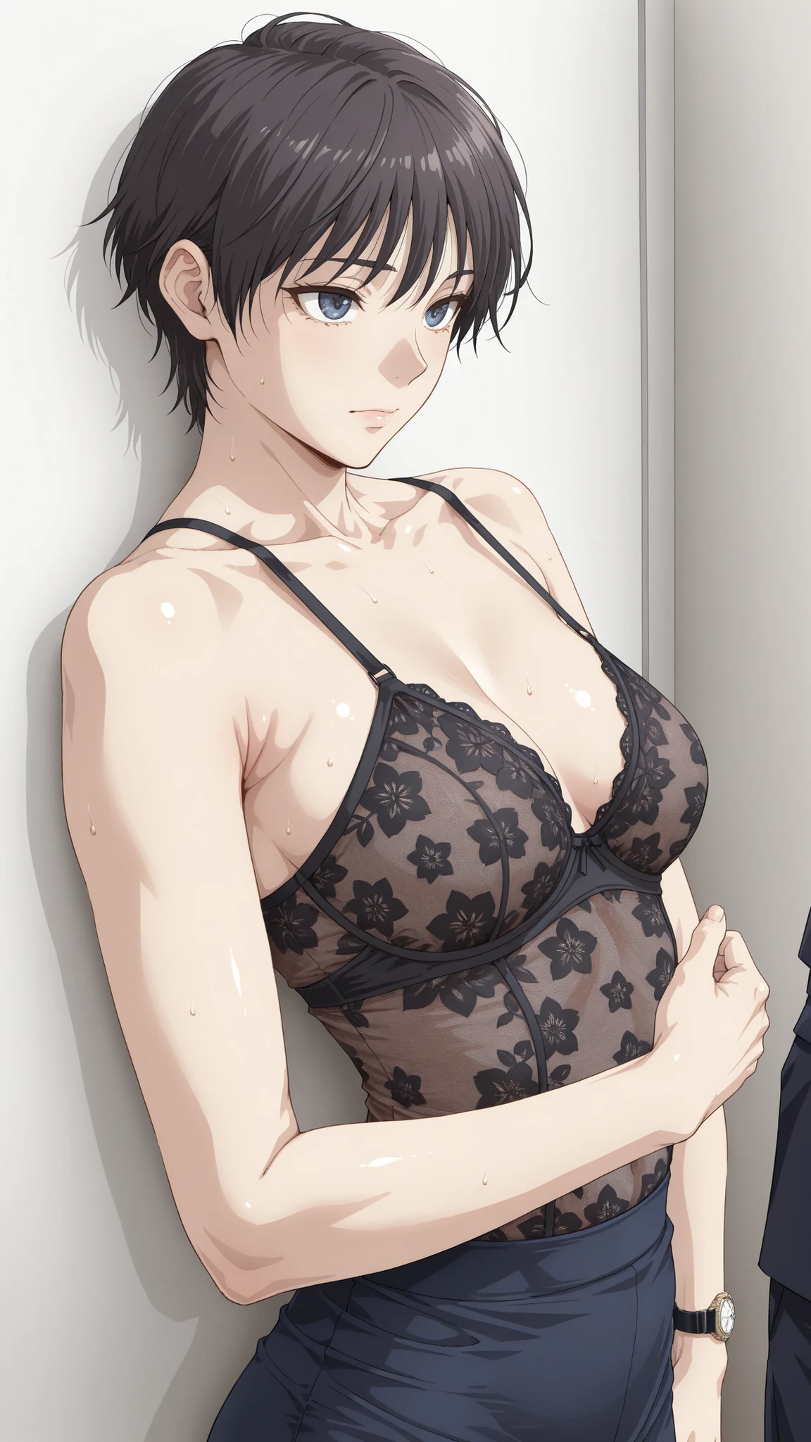 amazing quality, high resolution, super detailed, masterpiece, Highest Quality, very aesthetic, absurd, detailed eyes, clear eyes, high quality face,
GC_NP,
one woman、dark haired, very short hair, Fair Skin,
black underwear,Luxurious underwear with fine embroidery,Navy Pencil Skirt
Watch the viewers, upper body shot,medium chest