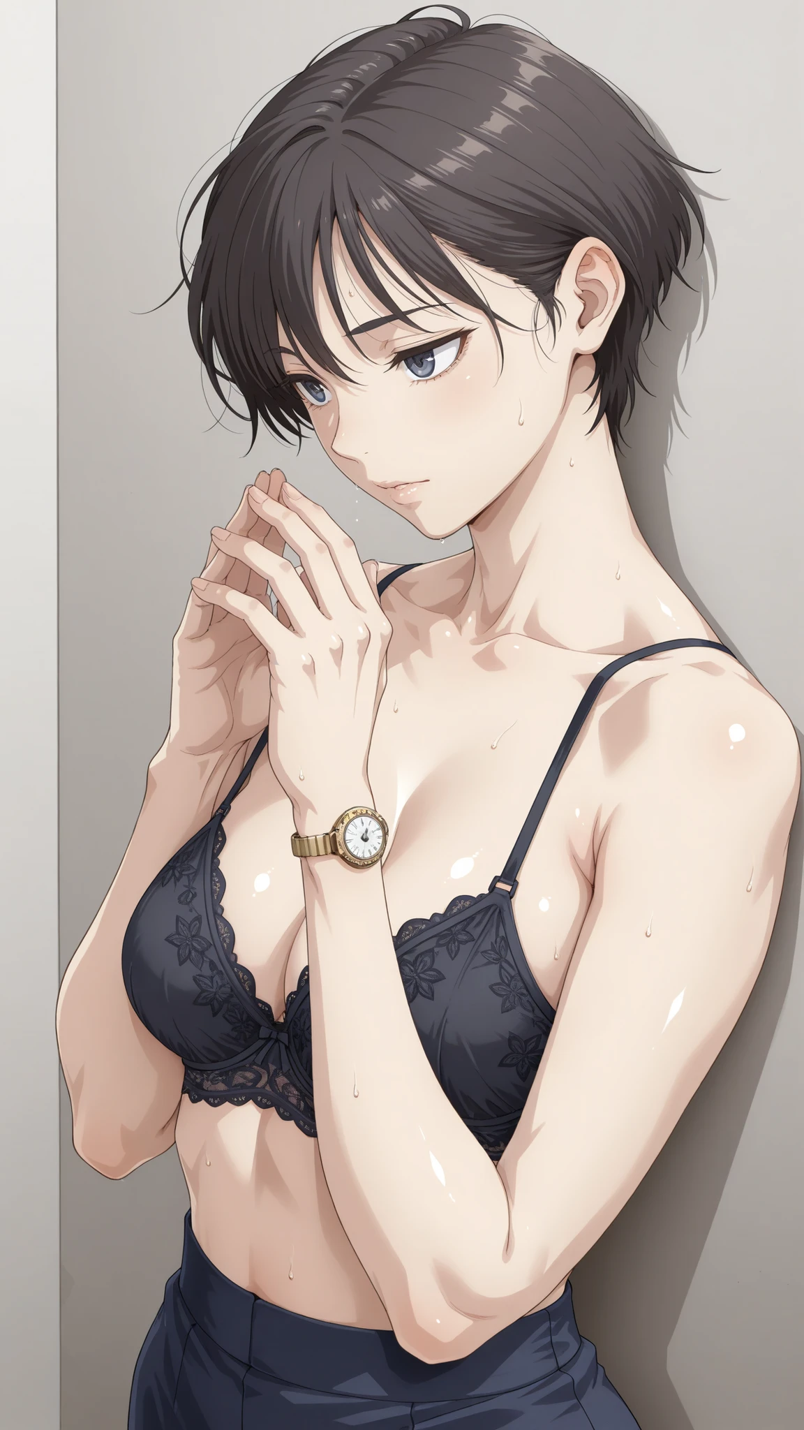 amazing quality, high resolution, super detailed, masterpiece, Highest Quality, very aesthetic, absurd, detailed eyes, clear eyes, high quality face,
GC_NP,
one woman、dark haired, very short hair, Fair Skin,
black underwear,Luxurious underwear with fine embroidery,Navy Pencil Skirt
Watch the viewers, upper body shot,medium chest