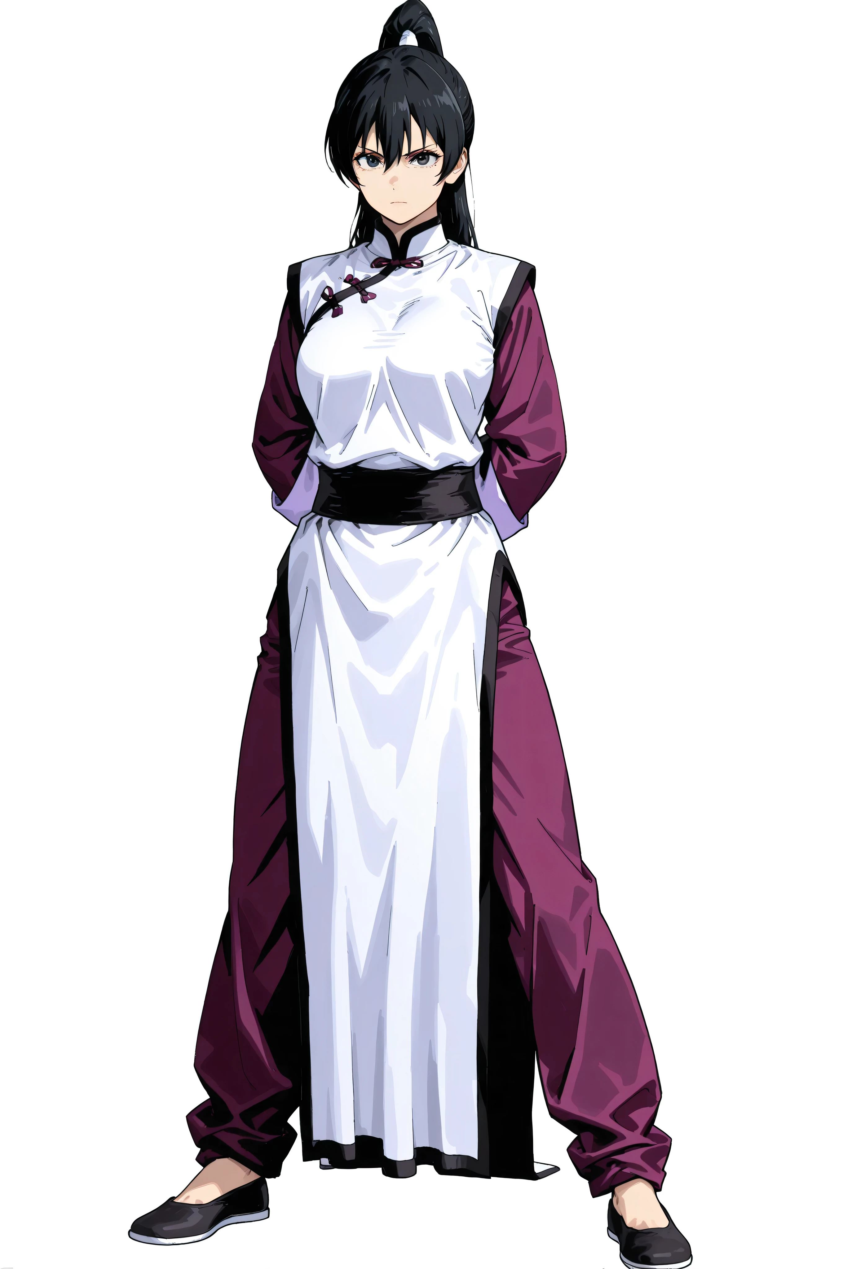 gsfghtr, multicolored robe, chinese clothes,KungFuUniform,score_9, score_8_up, score_7_up, gsfghtr, 1girl, serious, long ponytail, kohei horitoshi, white background, mature female, hide arms behind back, kung fu master, white dress, purple sleeve,  full body, purple pants, black hair,