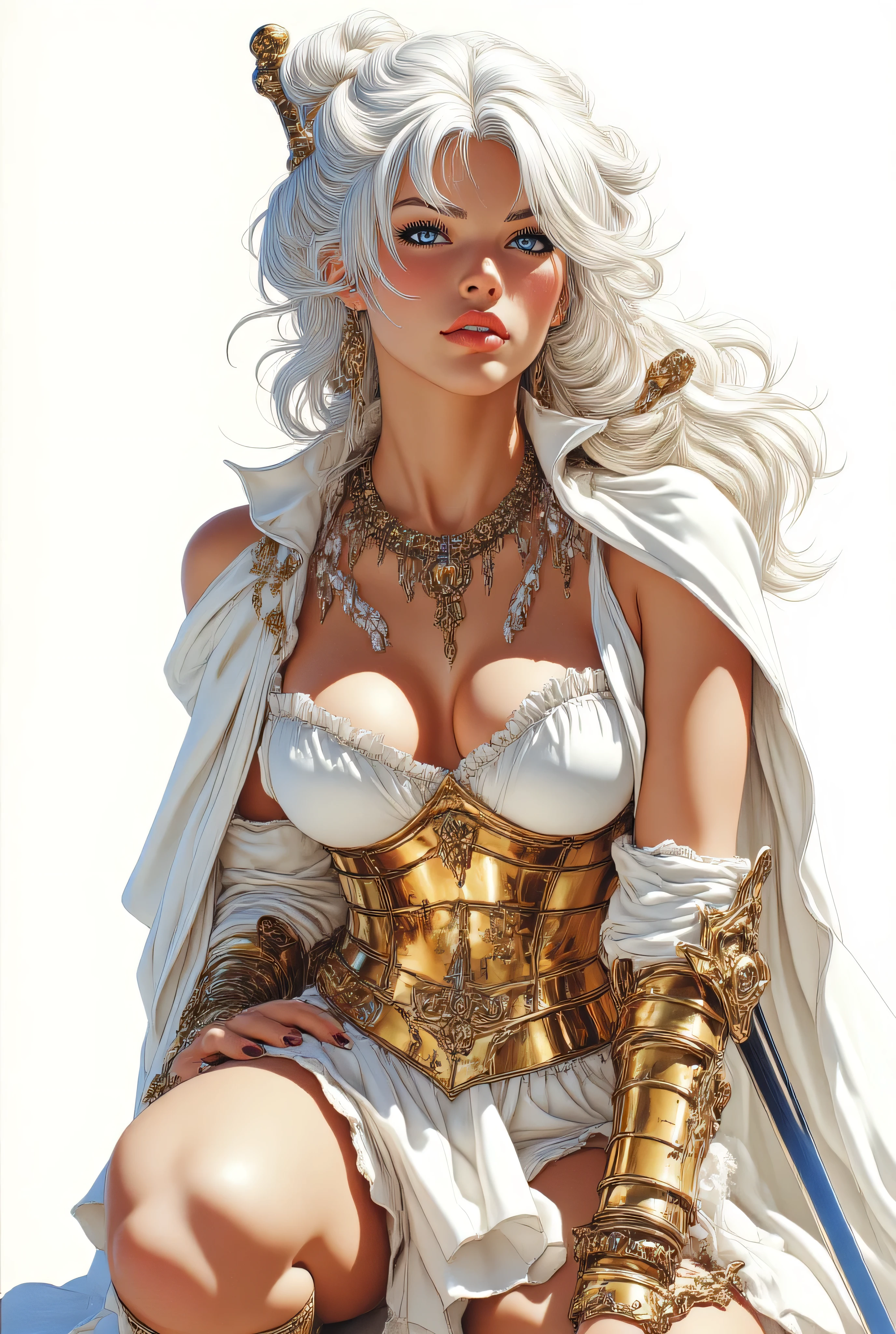 A stunning fantasy warrior woman, long platinum white hair flowing, partially gathered in a messy bun. She wears an ancient and divine-inspired white and gold armor set and dress. The outfit features a minimal white top, a short ruffled white skirt, and a white cloak draped over her shoulders. Intricate golden breastplate and waist armor with hanging ornaments and jewelry. Knee-high gold boots with elaborate patterns. Intense and seductive expression. She is crouching in a dynamic pose. A long sword rests by her right side and another is visible on her back. Intense, bright, high-key lighting against a white sky or bright background for high contrast. Detailed jewelry and drop earrings. Photorealistic, highly detailed, ultra-realistic, 8K render. masterpiece, best quality.