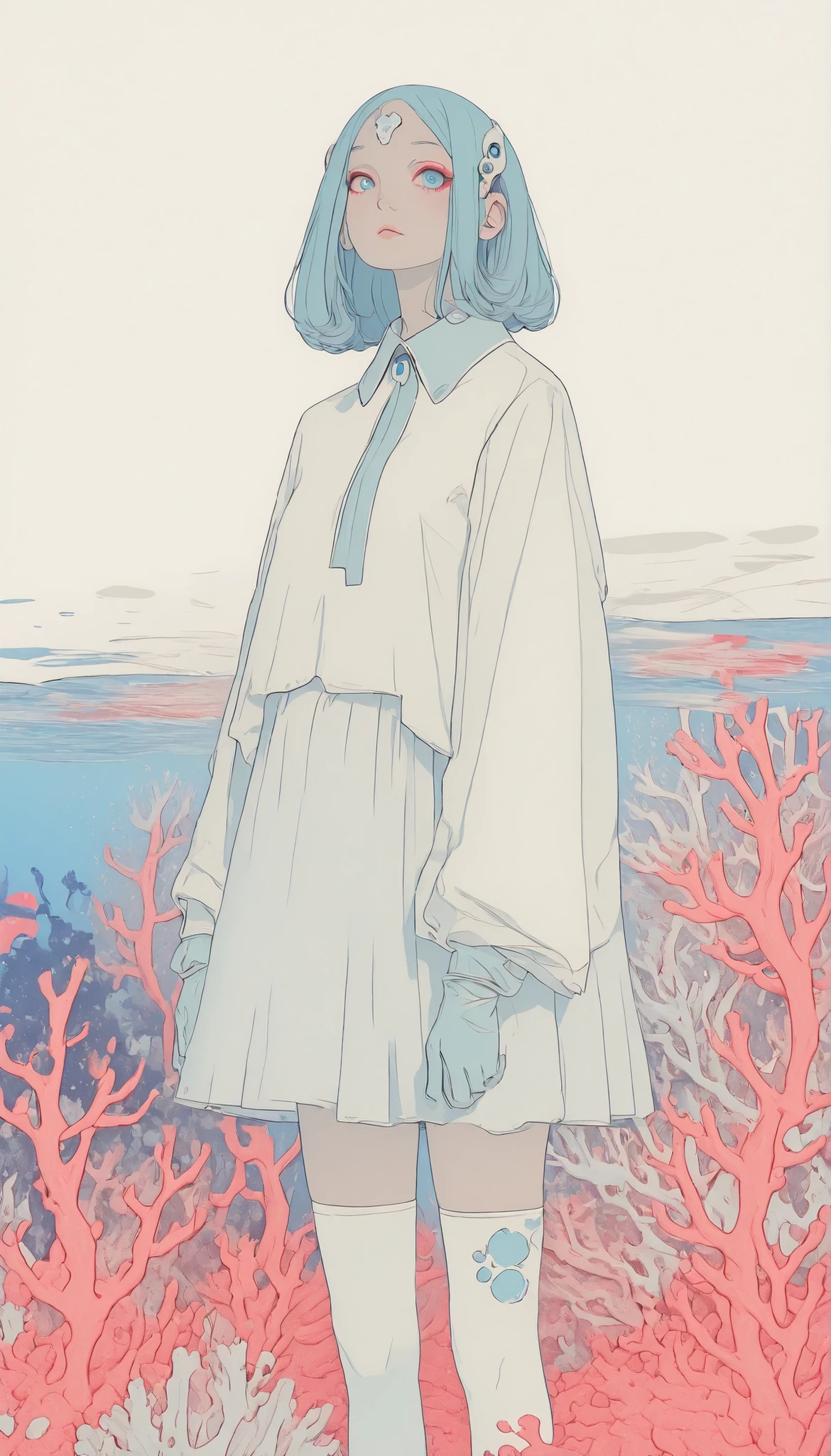 in the impressive composition、depicts a person dressed in white all over the body, creates a futuristic and avant-garde fashion statement. wears a high-collar shirt and gloves, adds a sophisticated and sophisticated impression. The most eye-catching element、鮮やかなサンゴの形成に似た精巧なheadpieceである. headpiece, based on red, legwear on the back of the skirt, coral like structure in pastel blue and white, creates a vivid contrast between uniform white clothing and a bright cyan background. coral is exquisitely designed with a variety of textures, resembles both branched and tubular shapes, The spots are. is a bold and harmonious color palette, gives the image a surreal underwater vibe. The overall atmosphere combines elements of fantasy and avant-garde art, draws the attention of viewers with its creative and imaginative essence.
