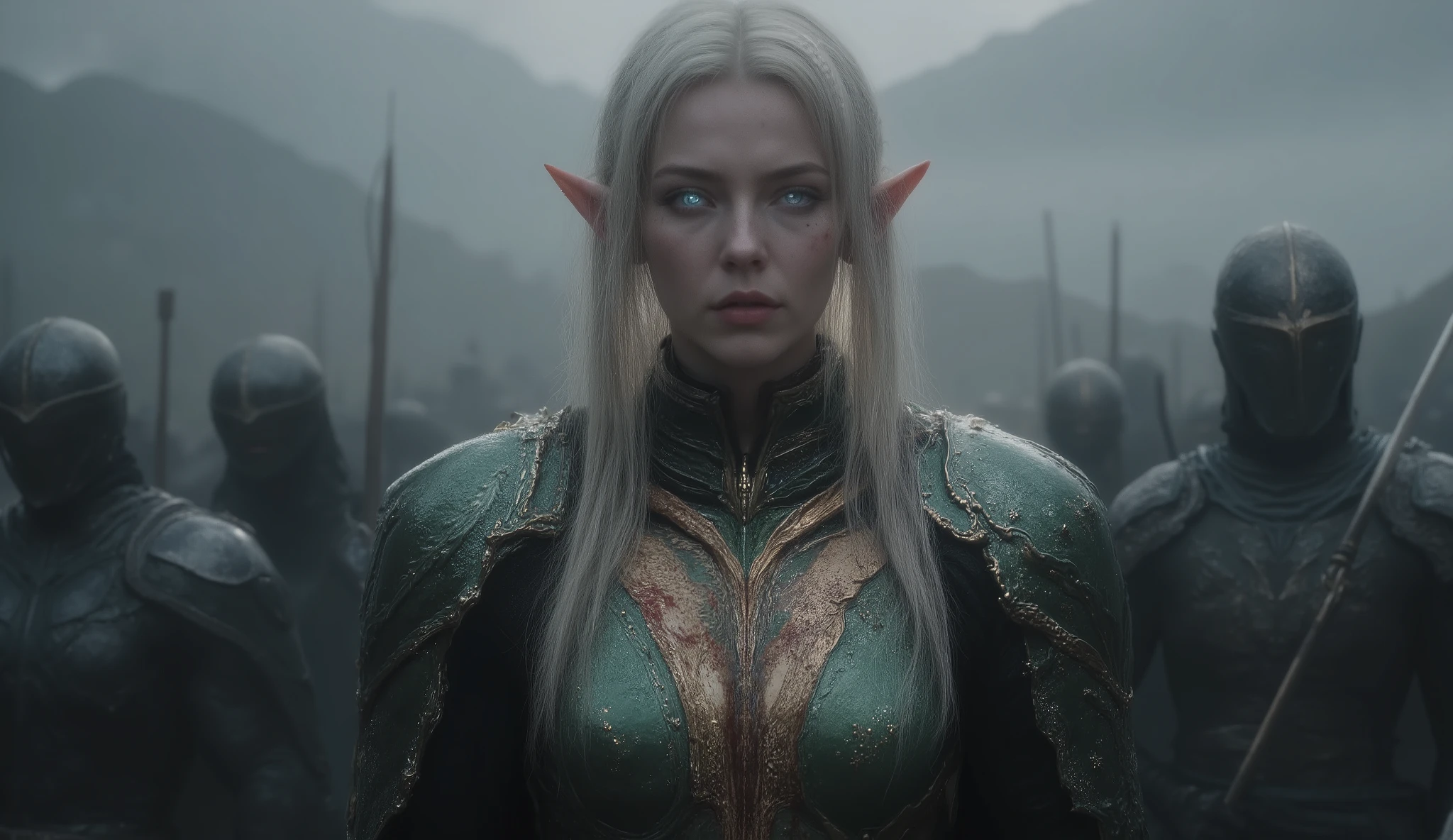 ((masterpiece)) ((photography)) ((Highest quality)) A hyper-realistic fantasy warrior elf woman standing in the center of an armored army with long spears. She has long blonde hair, sharp elven ears, and piercing blue eyes. Her face is fierce and determined, with blood splattered on her chest, hinting at recent battle. She wears an intricately designed green and bronze armored corset with ornate decorations resembling elven leaves and symbols, exposing her shoulders and toned arms. Her soldiers, wearing dark metallic helmets and plate armor, stand behind her, holding long spears, their expressions hidden beneath their helmets. The background features a misty battlefield with mountains in the distance. The overall atmosphere is tense, cinematic, and epic, under an overcast sky.