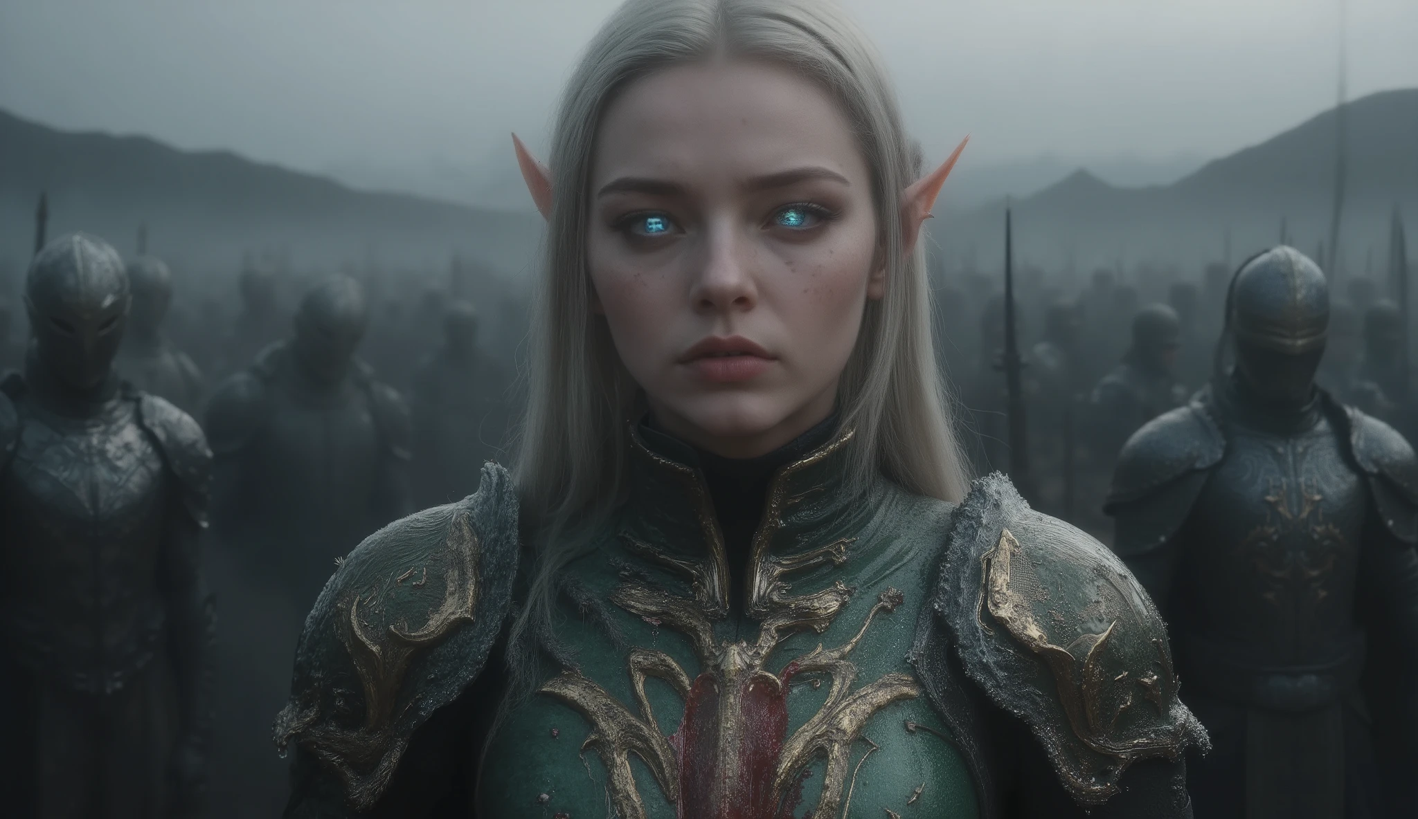 ((masterpiece)) ((photography)) ((Highest quality)) A hyper-realistic fantasy warrior elf woman standing in the center of an armored army with long spears. She has long blonde hair, sharp elven ears, and piercing blue eyes. Her face is fierce and determined, with blood splattered on her chest, hinting at recent battle. She wears an intricately designed green and bronze armored corset with ornate decorations resembling elven leaves and symbols, exposing her shoulders and toned arms. Her soldiers, wearing dark metallic helmets and plate armor, stand behind her, holding long spears, their expressions hidden beneath their helmets. The background features a misty battlefield with mountains in the distance. The overall atmosphere is tense, cinematic, and epic, under an overcast sky.