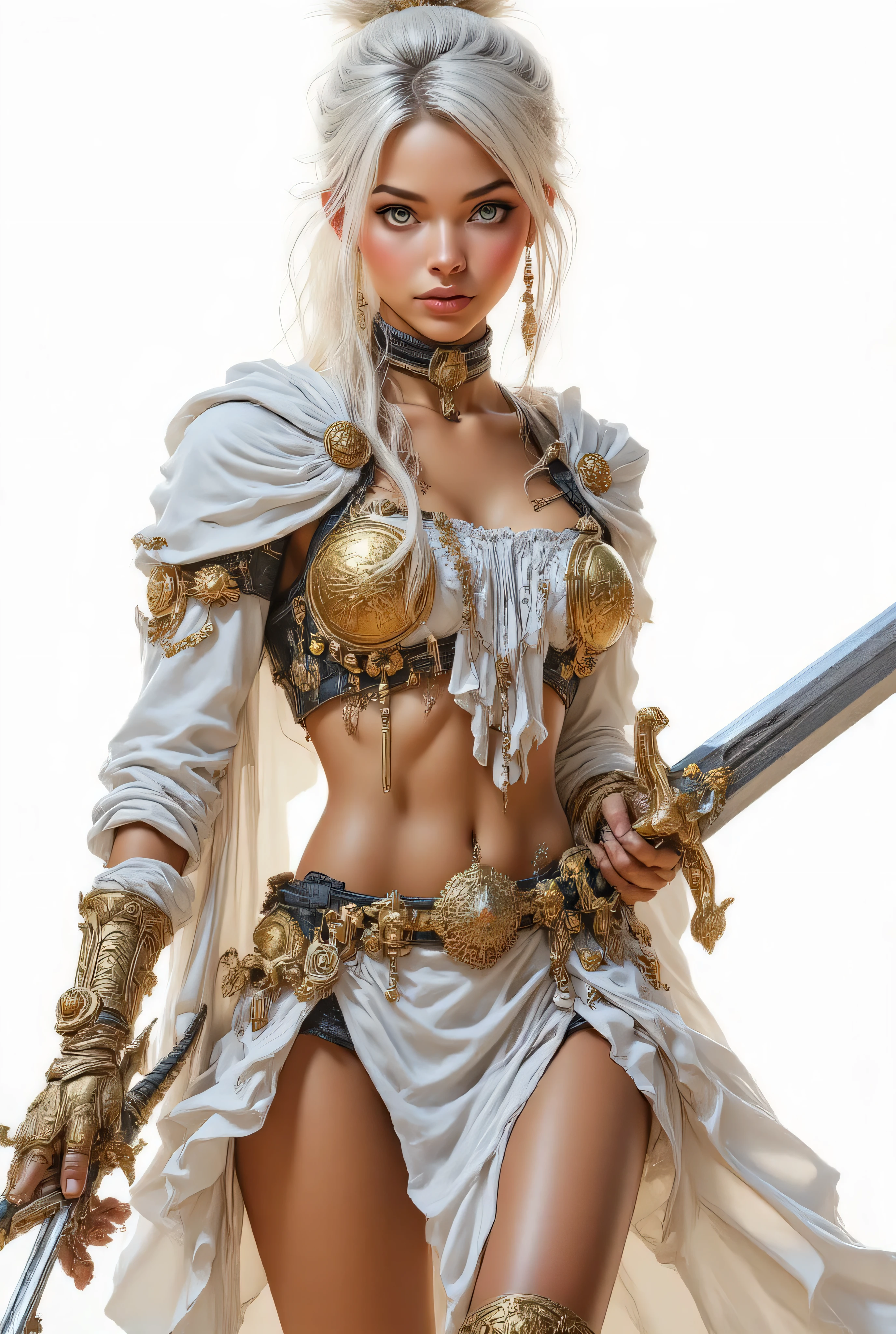 A stunning fantasy warrior woman, long platinum white hair flowing, partially gathered in a messy bun. She wears an ancient and divine-inspired white and gold armor set and dress. The outfit features a minimal white top, a short ruffled white skirt, and a white cloak draped over her shoulders. Intricate golden breastplate and waist armor with hanging ornaments and jewelry. Knee-high gold boots with elaborate patterns. Intense and seductive expression. She is crouching in a dynamic pose. A long sword rests by her right side and another is visible on her back. Intense, bright, high-key lighting against a white sky or bright background for high contrast. Detailed jewelry and drop earrings. Photorealistic, highly detailed, ultra-realistic, 8K render. masterpiece, best quality.